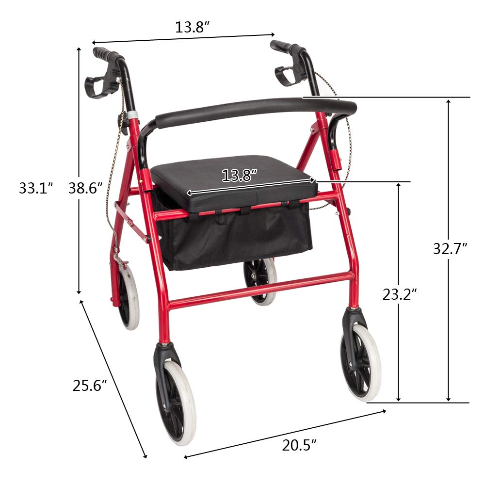 GT4-LY Heavy Duty Rolling Walker with Wheels - Black & Red - Ideal for Seniors & Mobility Assistance - Indoor & Outdoor Use