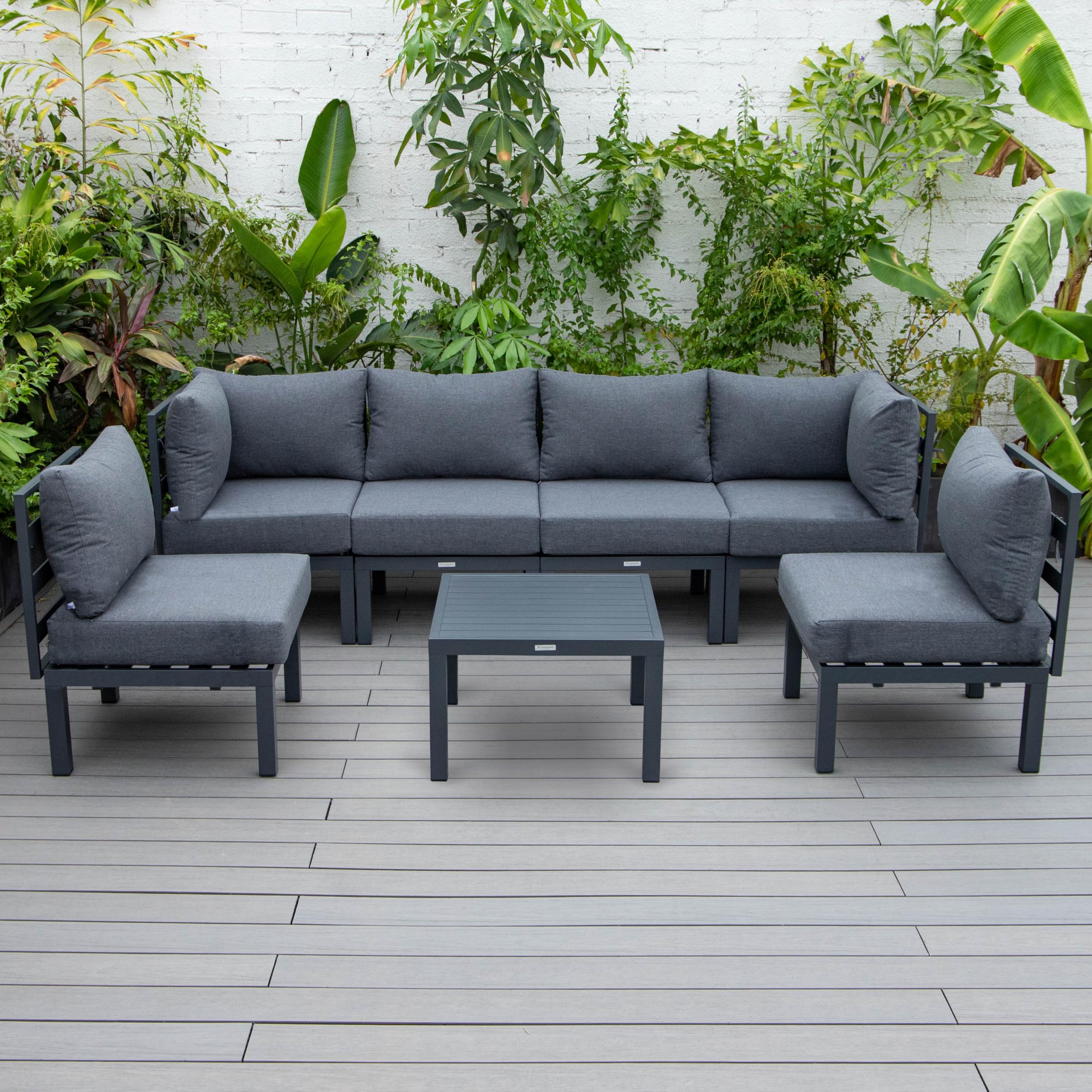 LeisureMod 7-Piece Outdoor Patio Set with Coffee Table - Black Aluminum Sectional & Cushions for Garden Relaxation