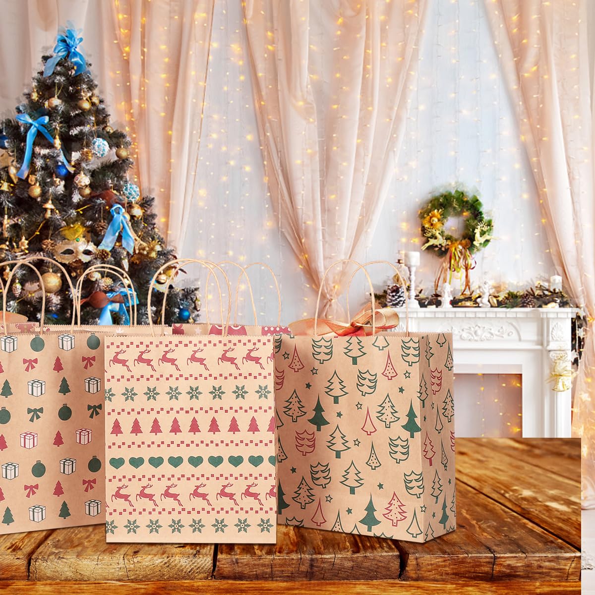 24pcs Christmas Kraft Gift Bags with 6 Festive Patterns - Eco-Friendly Holiday Paper Pouches for Party Favors, Candy, Gifts | Perfect for Christmas Parties, Office Exchanges & Festive Decorations