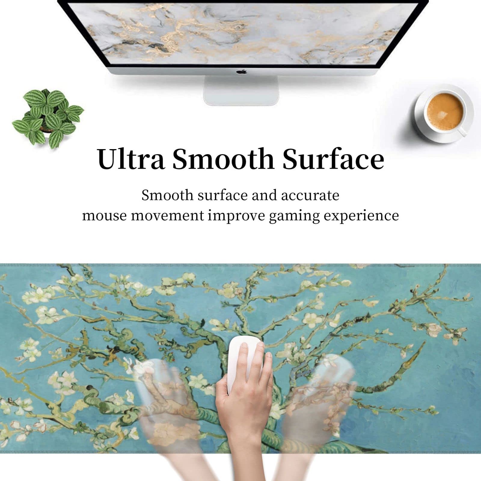 Van Gogh Almond Blossom Gaming Mouse Pad - Non-Slip XL Large Mousepad with Stitched Edges & Rubber Base - Desk Mat for PC, Laptop, Computer - Perfect for Office Work, Gaming & Home Decor