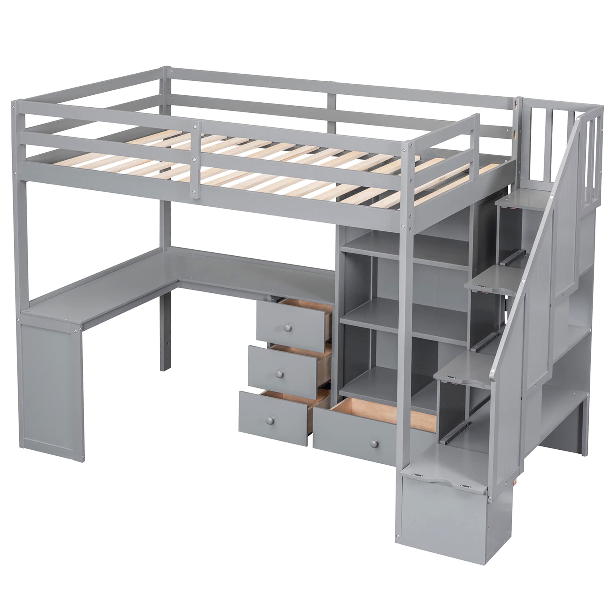 HABITRIO Twin Size Loft Bed with L-Shaped Desk, Storage Staircase & Drawers - Space Saving Study Bed with Cabinet & Shelves for Small Rooms, Grey - Perfect for Kids & Teens Bedroom, Dorm Room or Studio Apartment