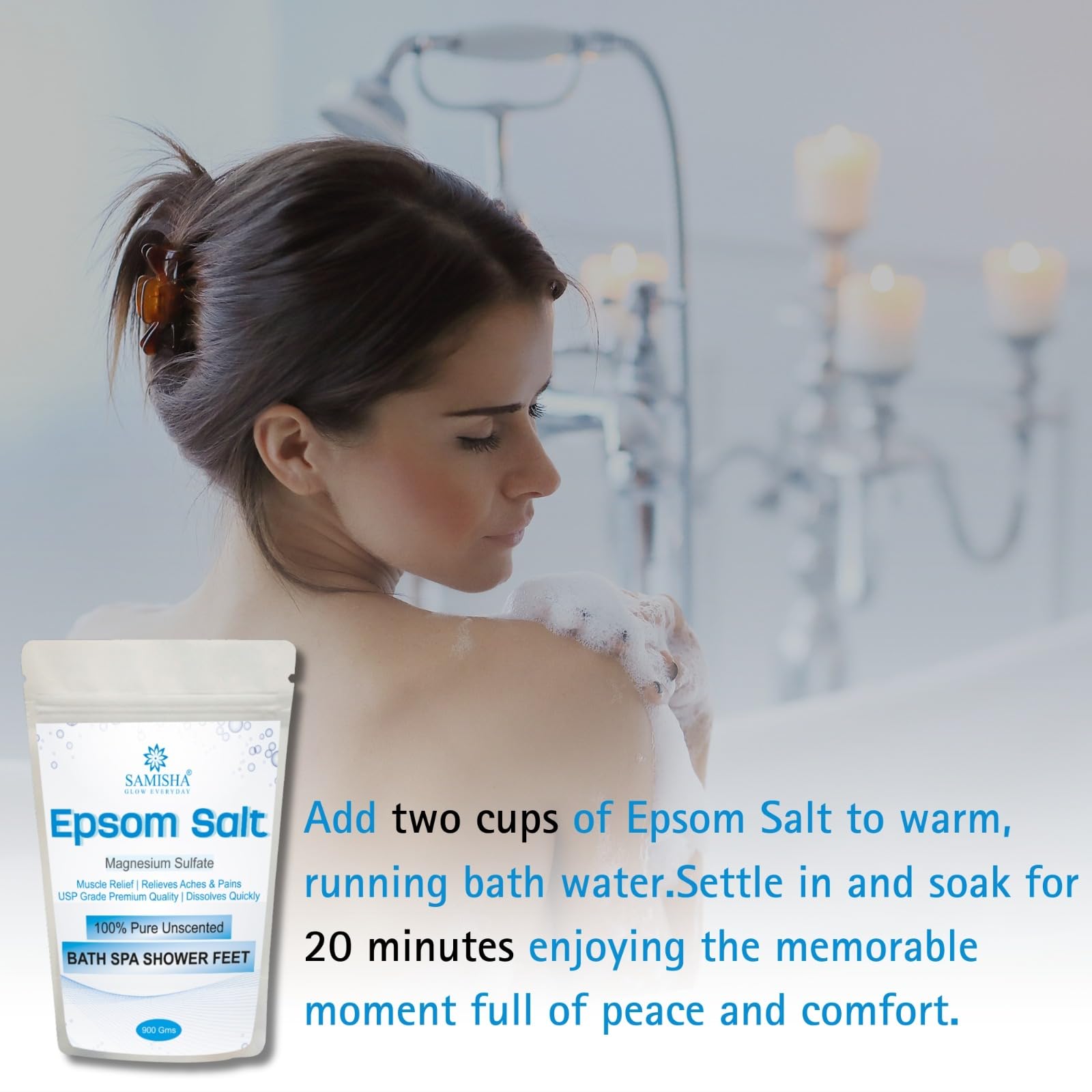 SAMISHA Epsom Salt for Pain Relief & Muscle Relaxation - Magnesium Sulfate Bath & Foot Soak - Unscented Bathing Salt for Relaxing Showers, Spa, and Post-Workout Recovery (Pack of 1)