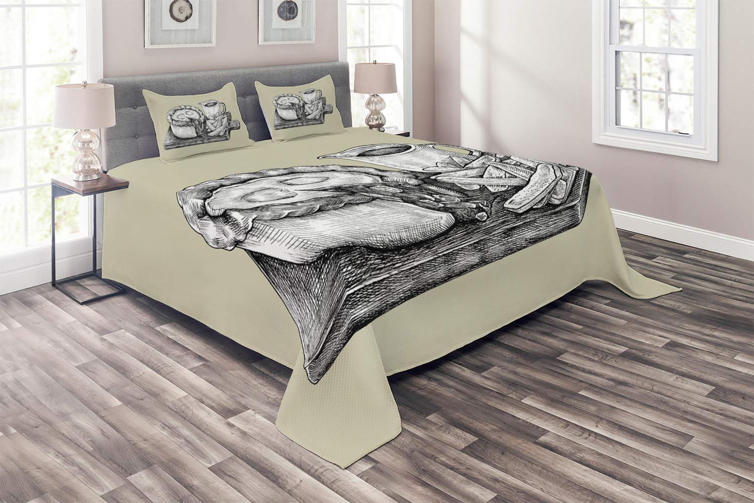 Ambesonne Charcoal Grey 3-Piece King Size Quilted Bedspread Set with 2 Pillow Shams | Sketchy Pencil-Drawn Minced Beef Pie Fries Cuisine Pattern in Grey & Yellow | Perfect for Modern Bedroom Decor, Guest Room Styling & Cozy Farmhouse Aesthetics