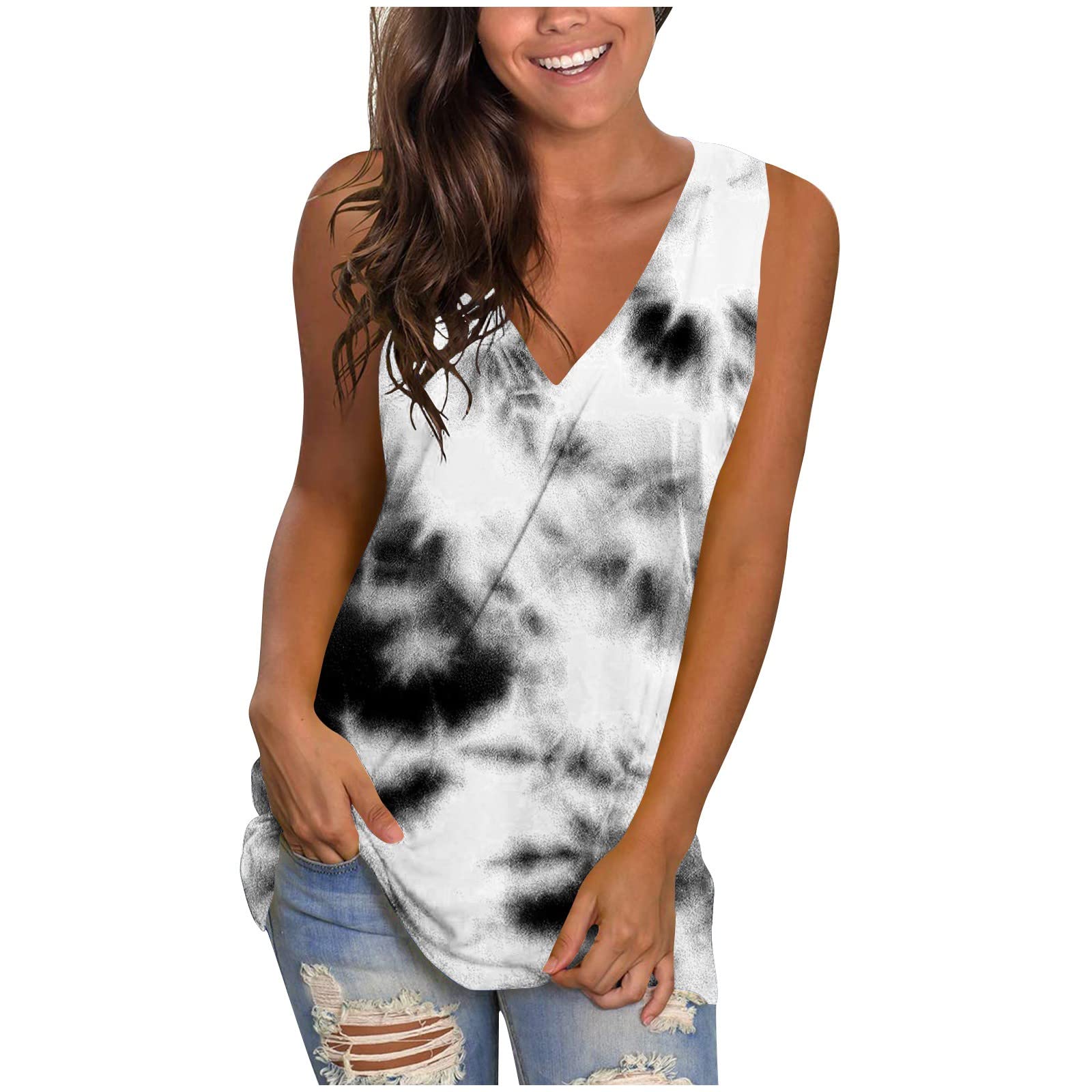 MRGIINRI Women's Summer V-Neck Tank Tops - Fashion Tie-Dye Sleeveless Blouse, Cute Printed Loose Fit Shirt for Casual Wear, Beach Outfits & Daily Comfort