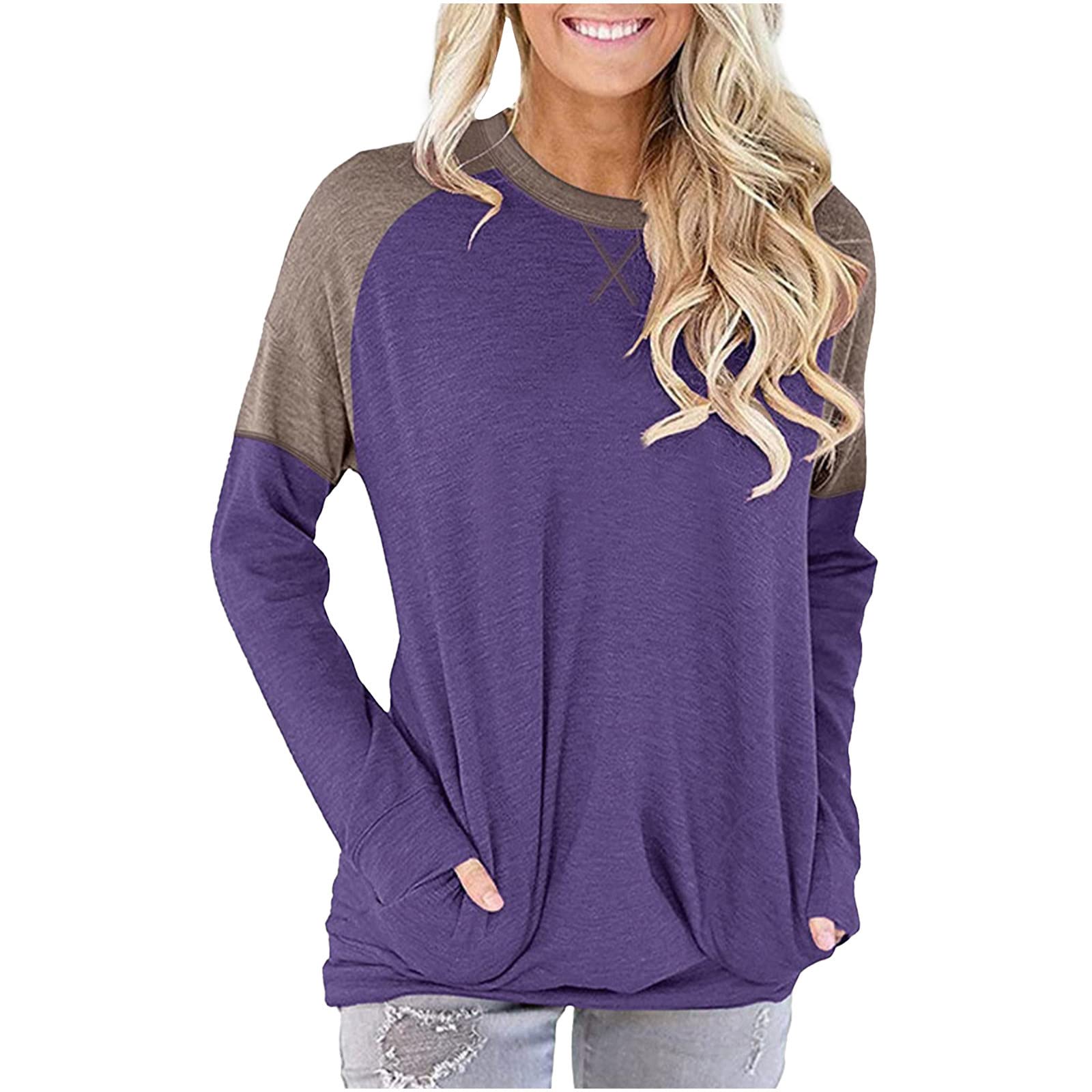 Women's Casual Color Block Tunic Top with Pockets - O-Neck Long Sleeve Loose Blouse Patchwork Tee | Comfortable Pullover Shirt for Work, Weekend & Everyday Wear