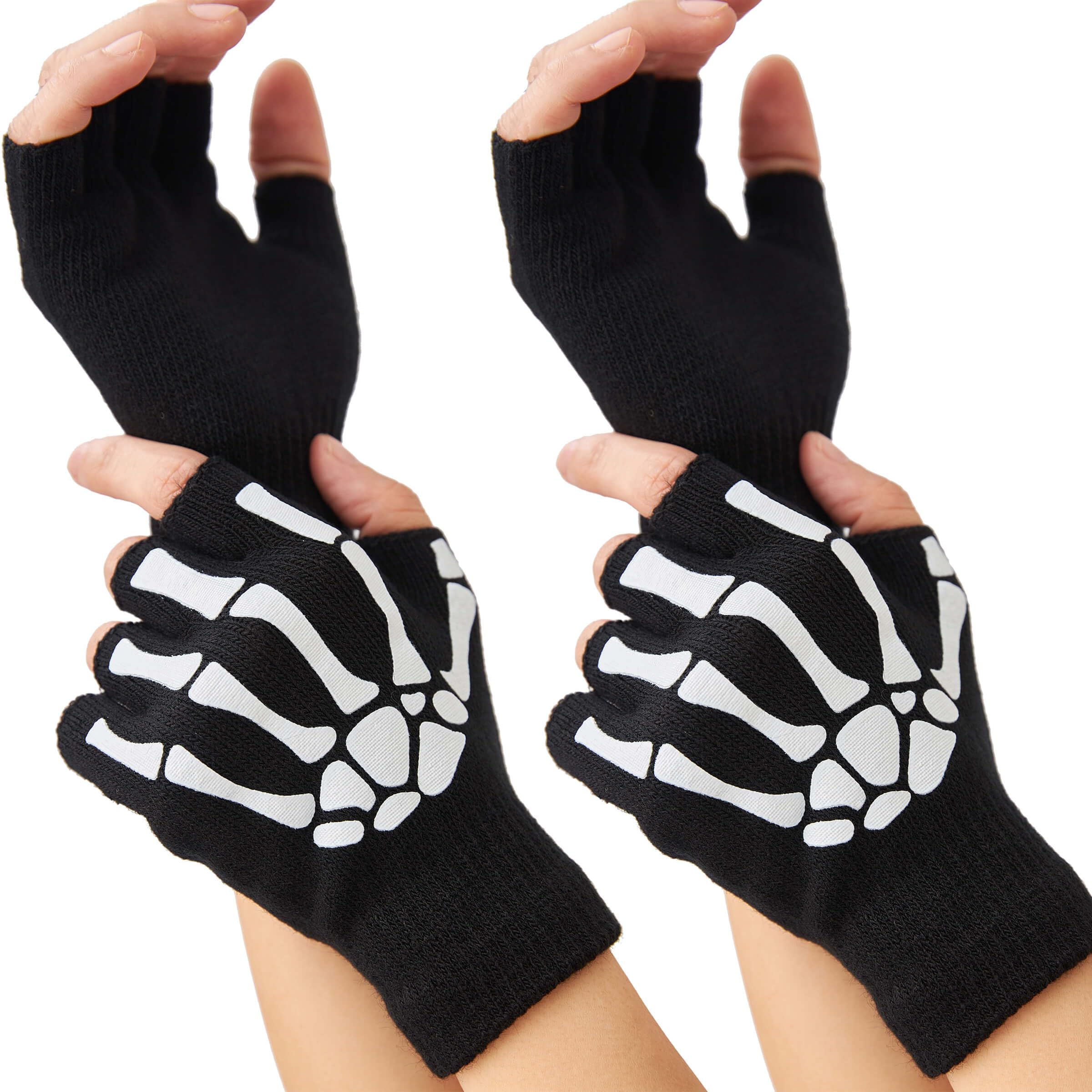 Women's Fingerless Touchscreen Skeleton Gloves - 2 Pairs Winter Warm Skull Design Hand Gloves for Adults, Glow in The Dark | Perfect for Cold Weather, Outdoor Activities, and Halloween Costumes