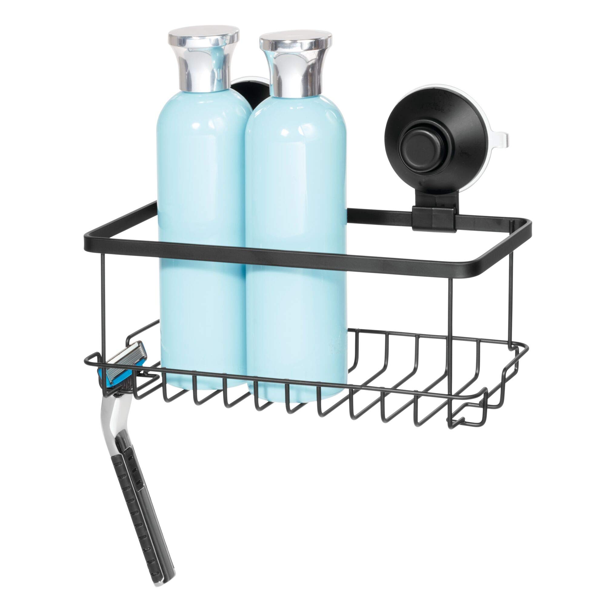 iDesign Everett Metal Push Lock Suction Shower Caddy - Extra Large Space for Shampoo, Conditioner, Soap with Hooks for Razors, Towels & Loofahs - 9.1