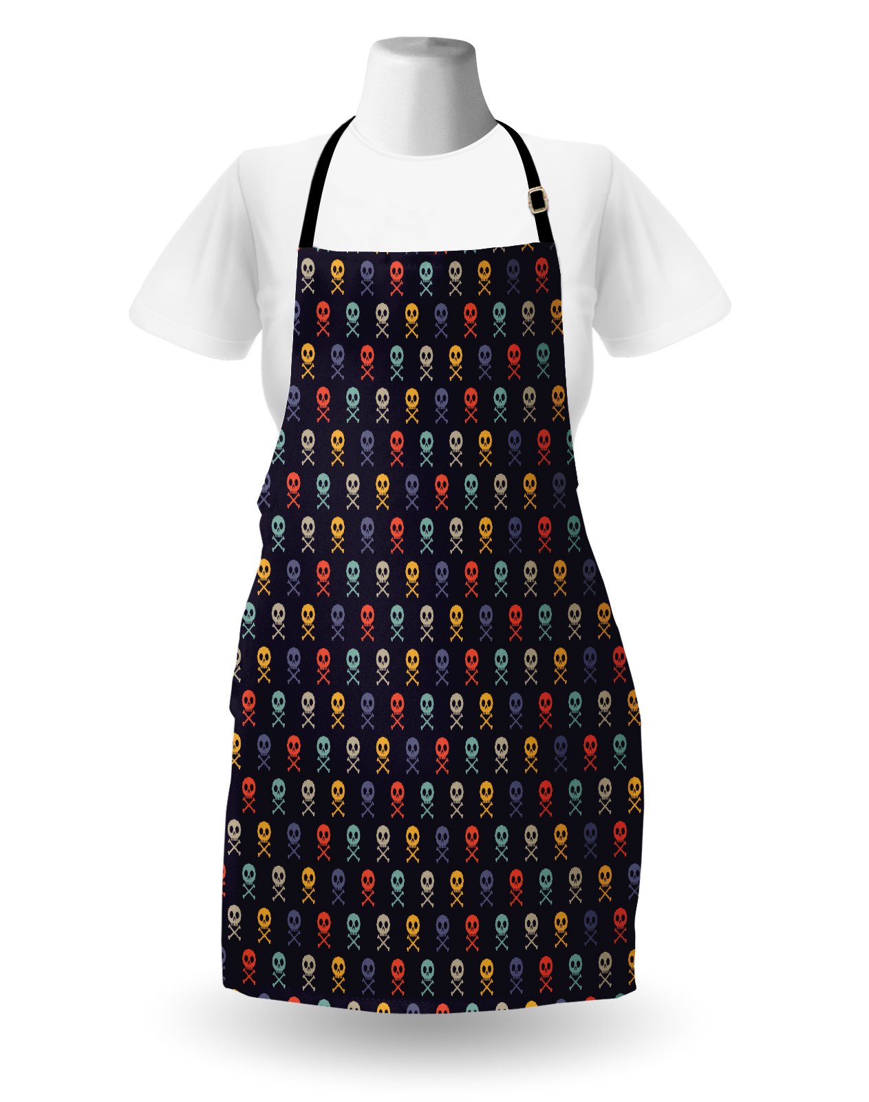 Ambesonne Pixel Art Apron - Skull & Bones Pirate Design Kitchen Apron for Cooking, Baking, Grilling - Adjustable Neck Bib Apron for Men & Women - Perfect for BBQ, Gardening, Halloween Costume