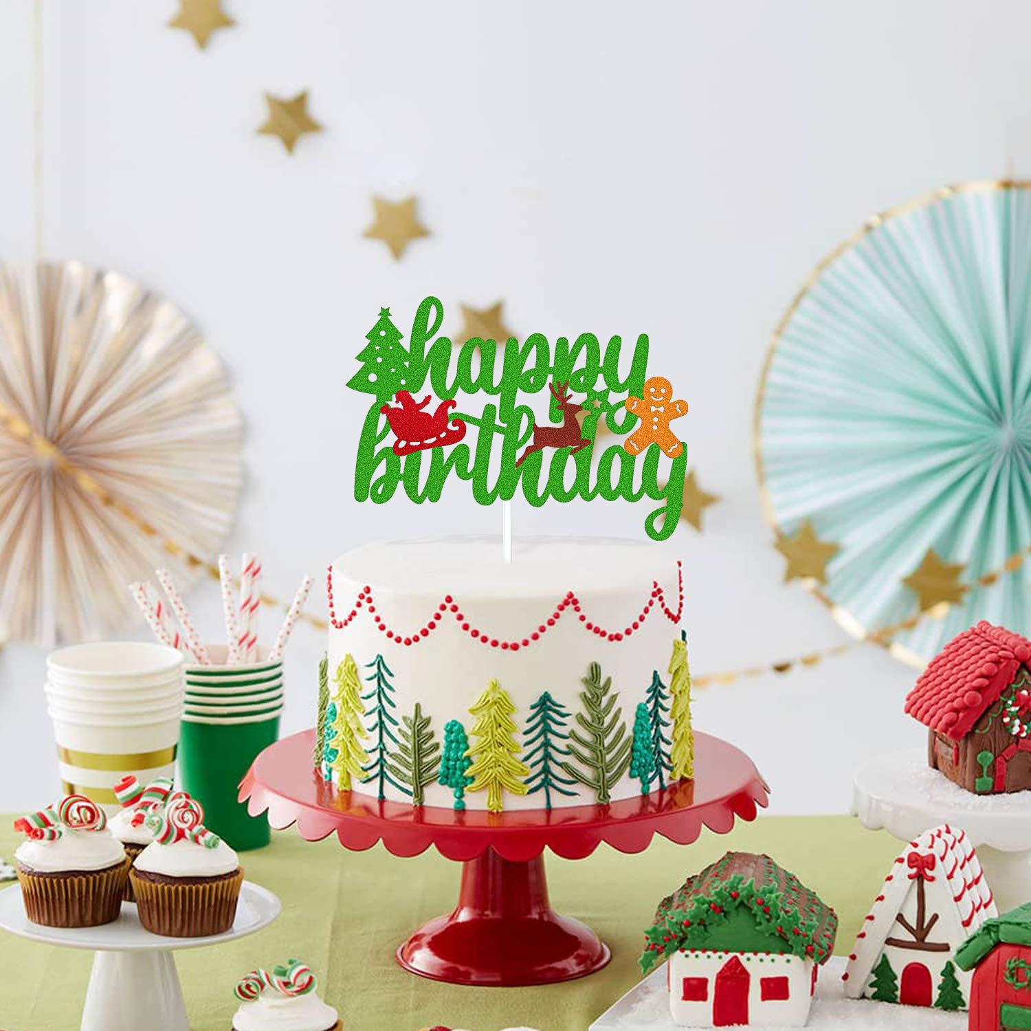 Christmas Birthday Cake Topper - Happy Birthday Sign with Green Glitter for Xmas Tree, Santa, Winter Snowflake & Snowman Themed Party Decorations | Perfect for Holiday Celebrations, Christmas Parties & Festive Dessert Displays