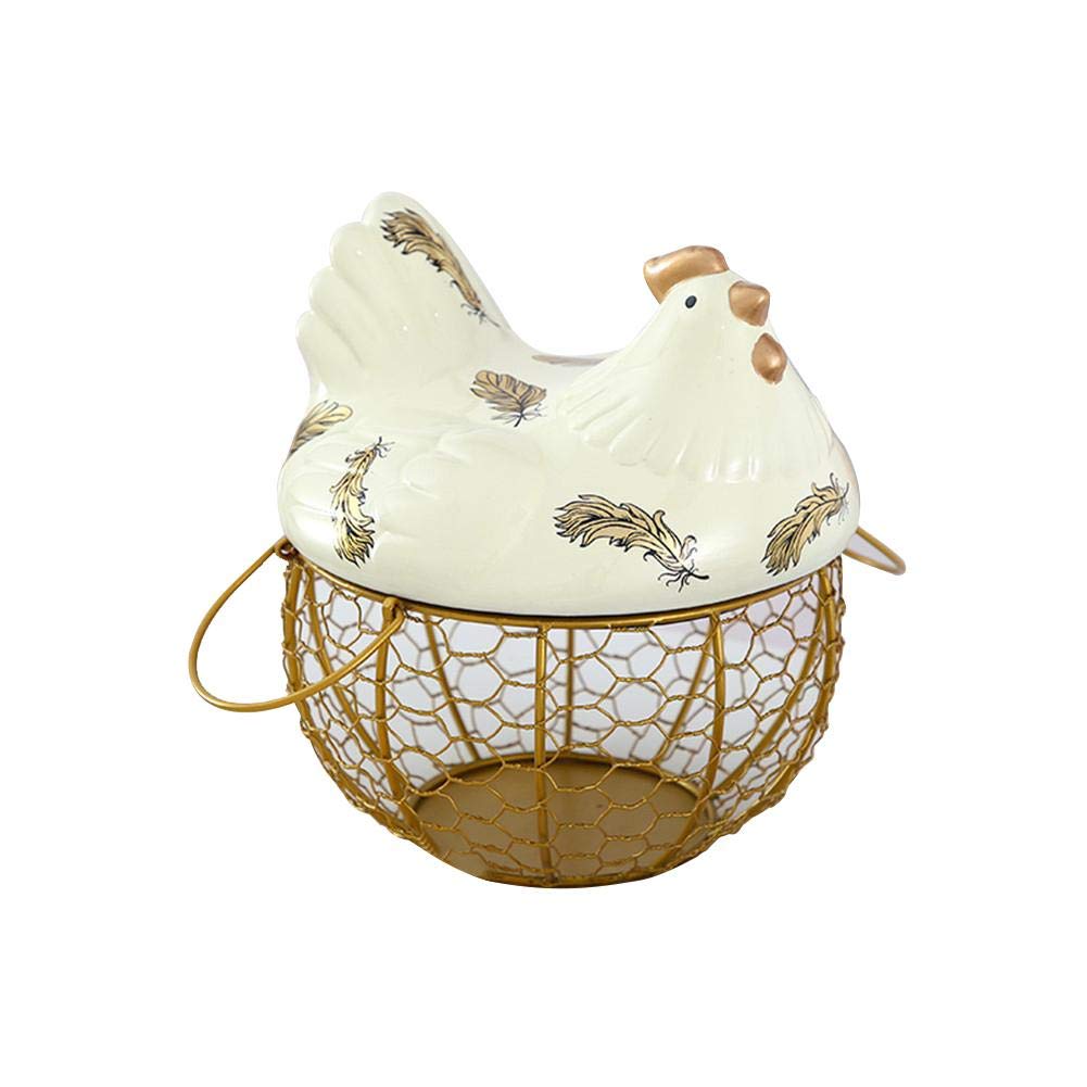 Rustic Wrought Iron Ceramic Egg Basket - Chicken Egg Storage, Fruit & Snack Holder, Kitchen Organization & Decorative Farmhouse Style - Perfect for Farmhouse Kitchens, Pantry Storage, and Country-Themed Home Decor