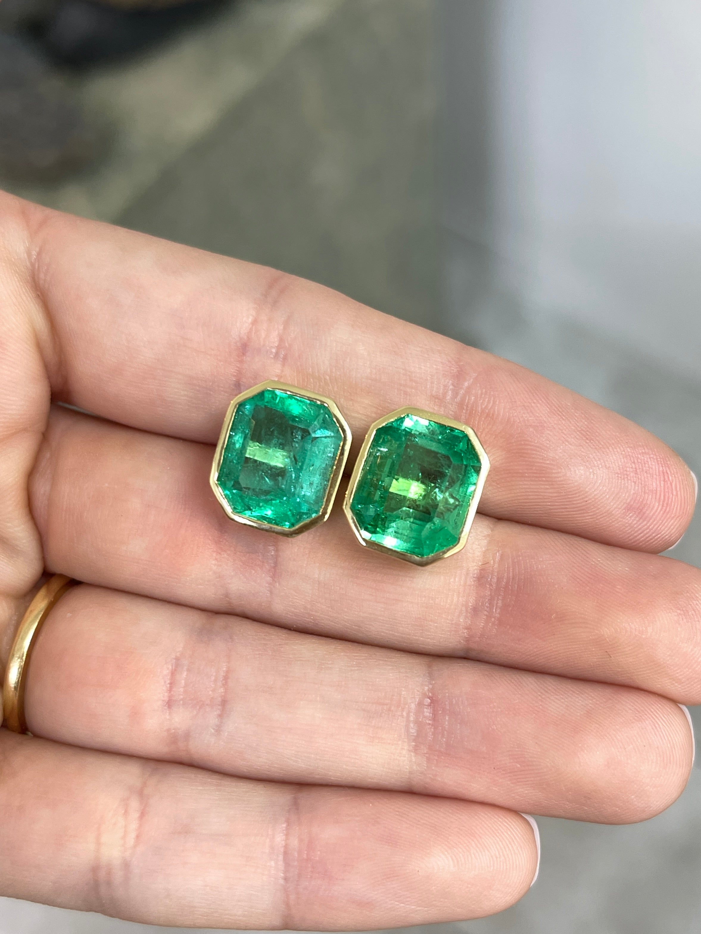 14.30tcw Large Bezel Set Natural Colombian Emerald Stud Earrings in 18K Gold | Luxury Jewelry for Women, Perfect for Weddings, Parties & Special Occasions