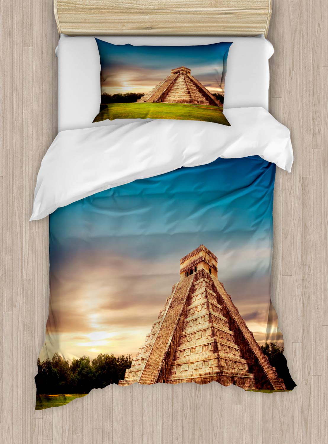 Ambesonne Twin Size Travel Duvet Cover Set - Kukulkan Pyramid Chichen Itza Mexico Design, 2 Piece Bedding with Pillow Sham, Night Blue Multicolor - Perfect for Vacation Homes, Dorm Rooms & Travel Enthusiasts