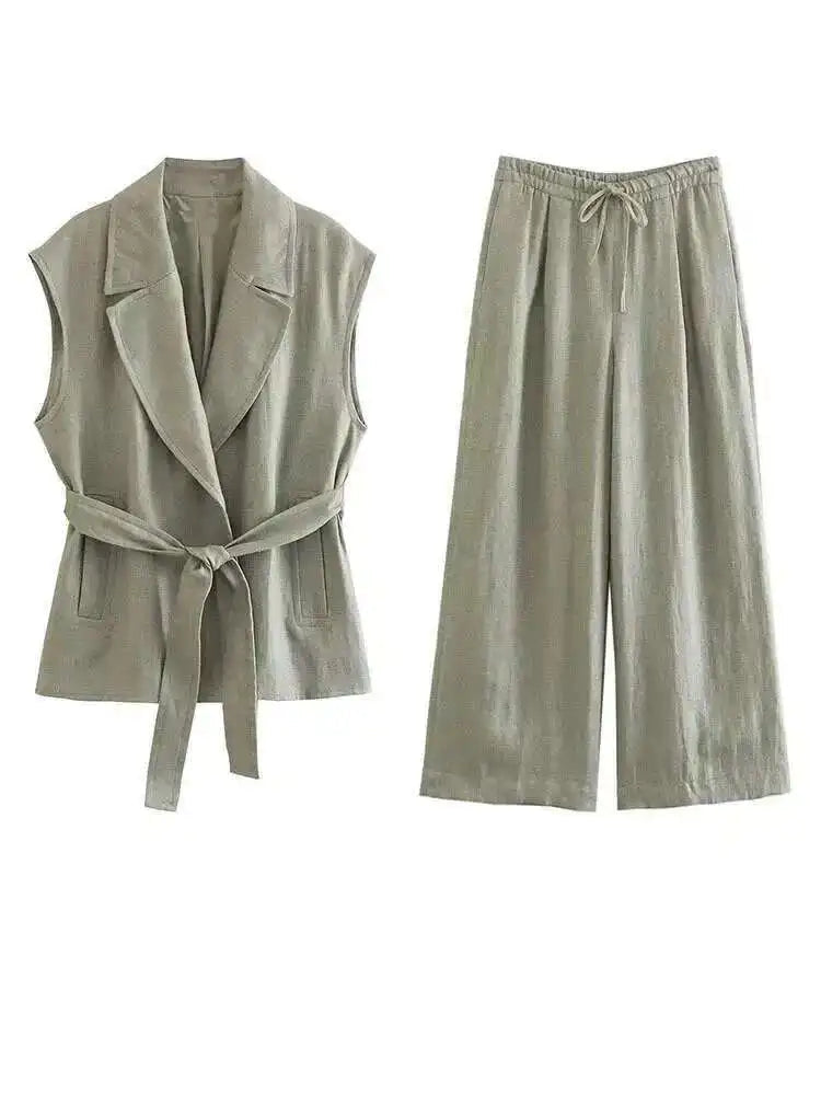 Women's Big Size Green Vest & Wide Leg Pants Two-Piece Suit - Lapel Sleeveless Fashion Set for Spring Summer 2025 (Style 1DH6482) | Office Wear, Casual Outfits & Special Occasion Dresses
