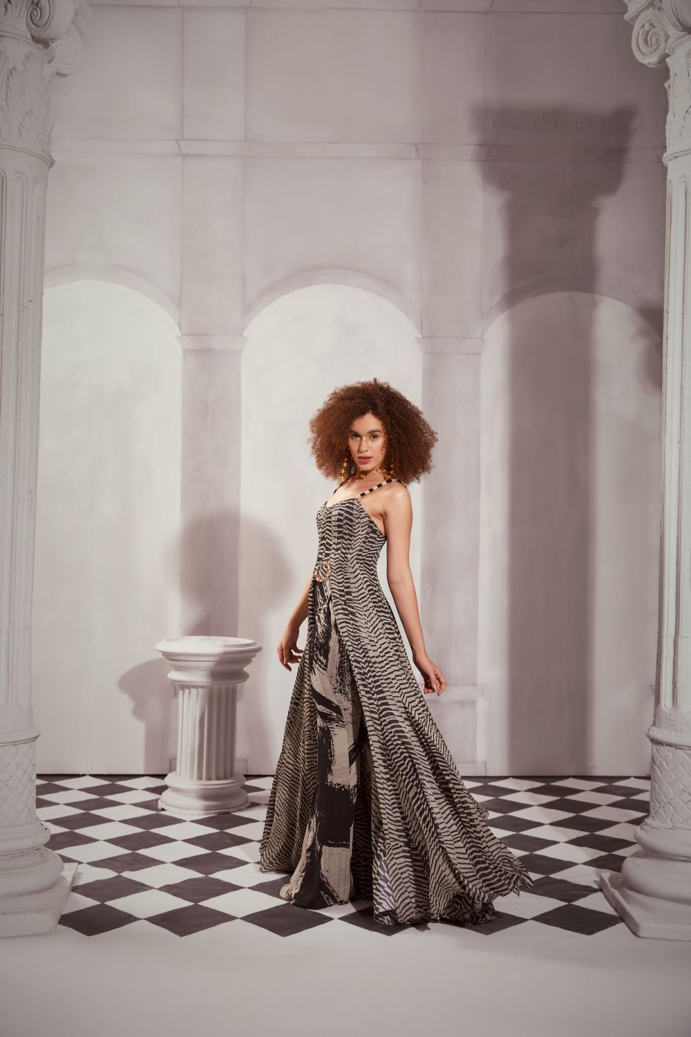 Black & White Byzantine Print High Waist Pants with Gold Buckle Belt - Elegant Palazzo Pants for Women, Perfect for Parties, Weddings & Evening Events