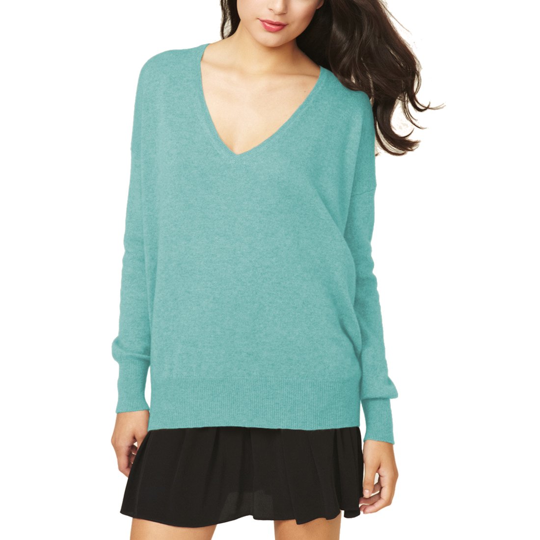 Parisbonbon Women's 100% Cashmere V-Neck Sweater - Soft & Warm Aqua Blue Pullover - Size 1X - Perfect for Office Wear & Casual Outfits