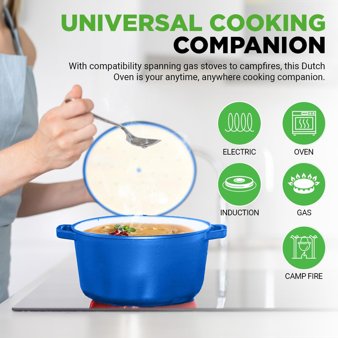 6 Quart Electric Dutch Oven - 1500W 5-in-1 Enamel Coated Cast Iron Pot with Stainless Steel Lid | Precise Temperature Control for Slow Cooking, Braising & Baking | Includes 2 Silicone Pot Holders & Heat Resistant Pad | Perfect for Soups, Stews & Family Meals (Blue)