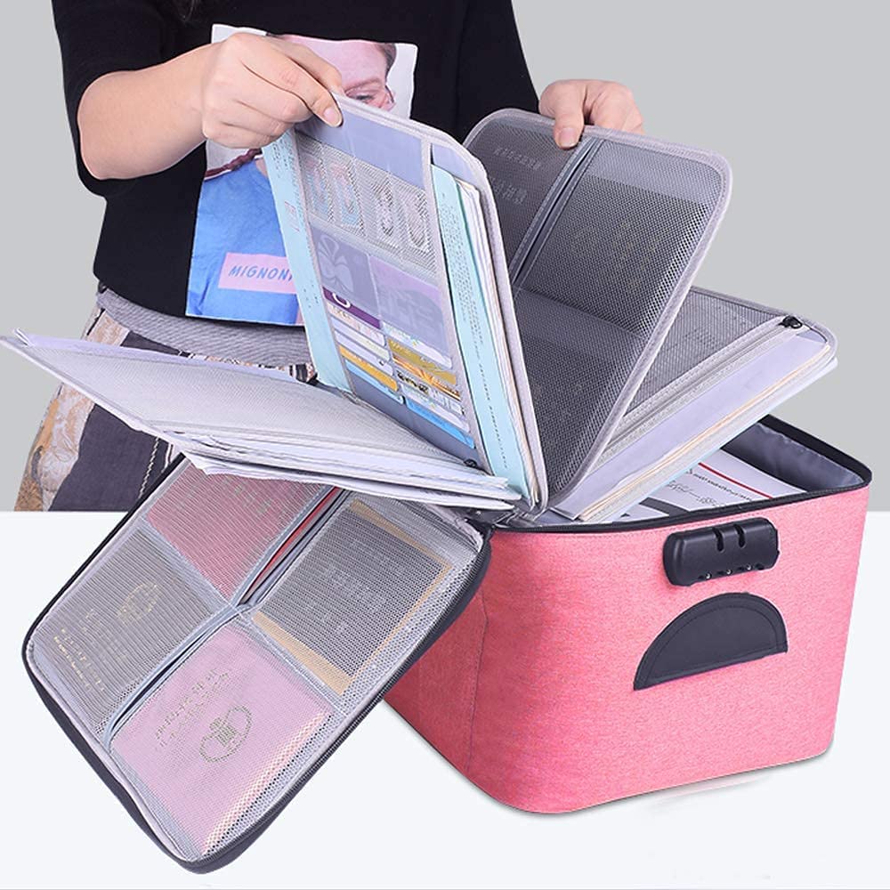 Premium High Capacity Oxford Document Organizer Bag with 4 Detachable Layers & Secure Code Lock - Large Waterproof File Storage for A4 Folders, Laptops, Certificates, Cash & Valuables (Pink) - Ideal for Business Travel, Office Organization & School Use