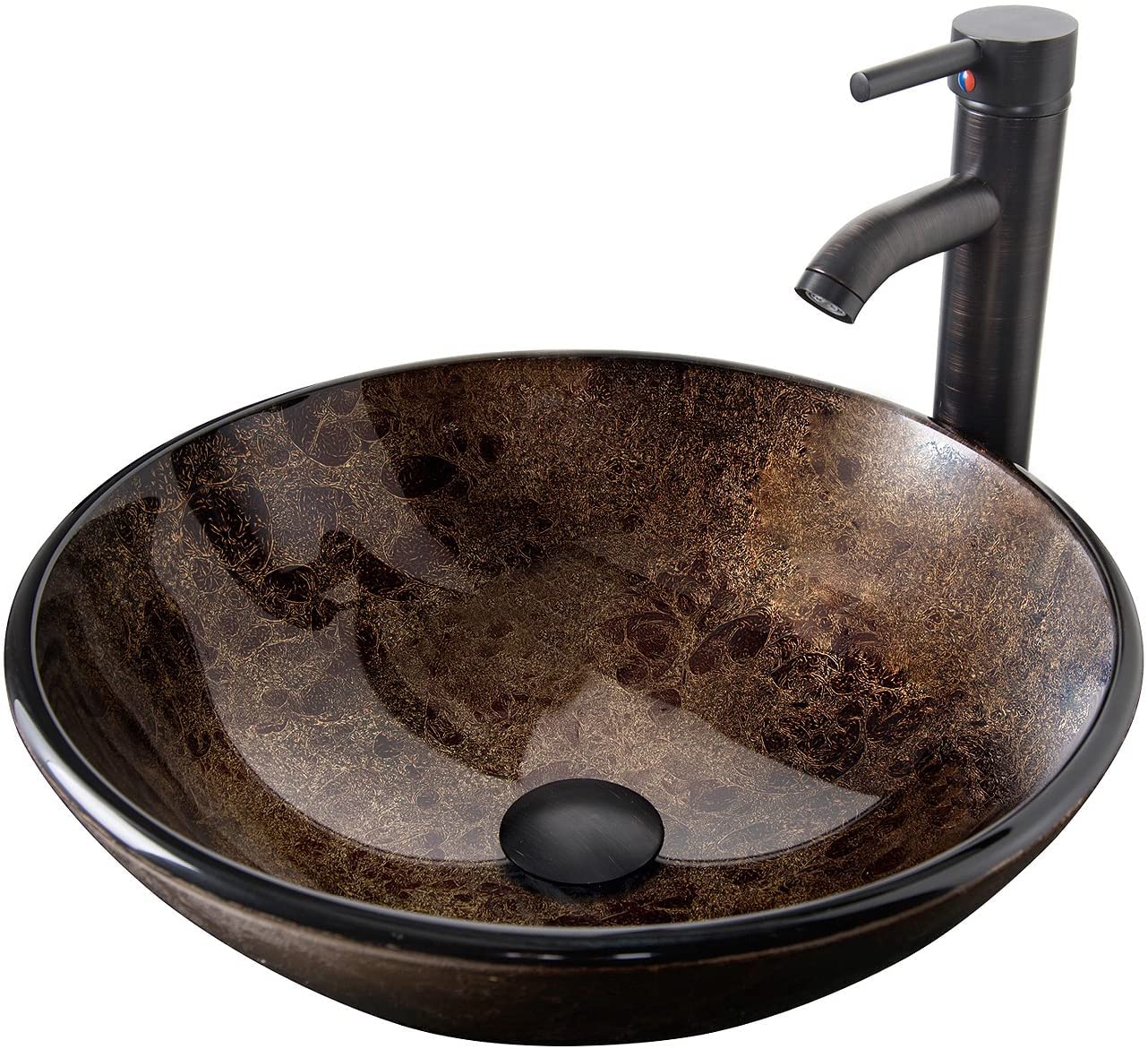 YOURLITE 16.5 Inch Modern Tempered Glass Bathroom Vessel Sink with Oil Rubbed Bronze Faucet & Pop Up Drain - Elegant Above Counter Wash Basin for Vanity, Powder Room, and Luxury Home Decor