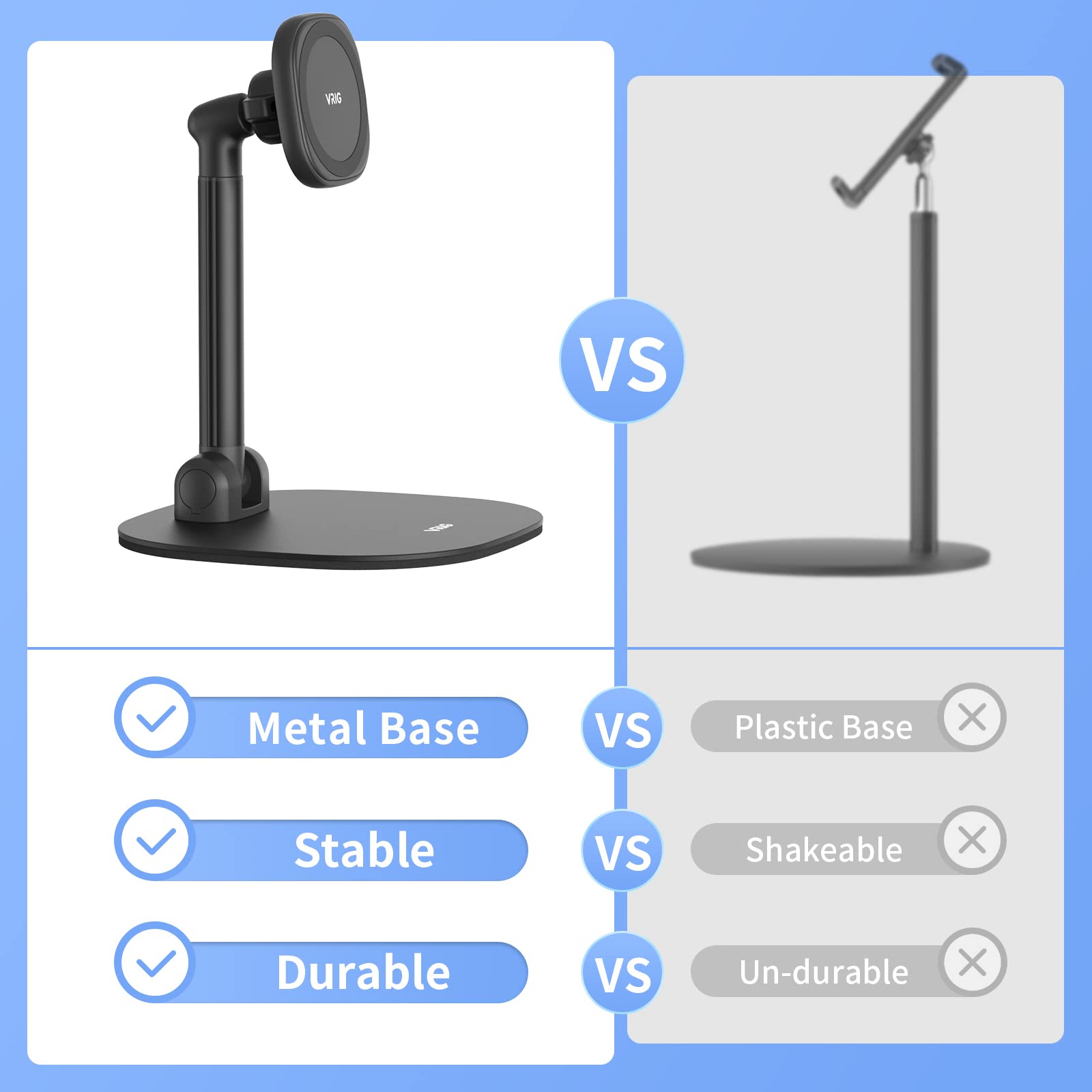VRIG Magnetic Phone Stand for Desk - 360° Rotating Adjustable Height & Tilt Phone Holder with Magnetic Ring - Compatible with iPhone 14/13/12/11 & Android Phones - Perfect for Office, Home & Car Use