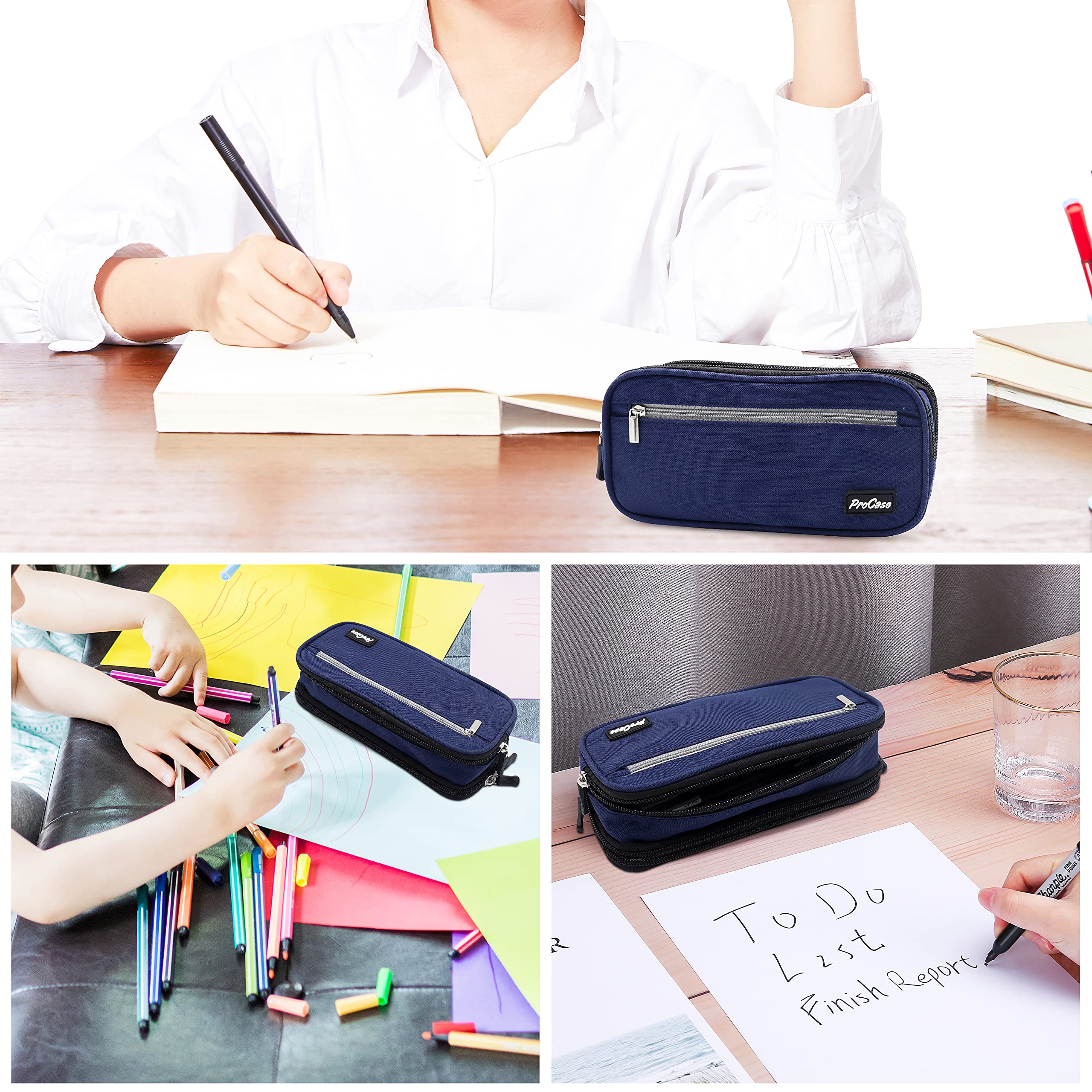 ProCase Two-Layer Large Capacity Pencil Case - Durable Pen Organizer Pouch for Markers, Pens & School Supplies | Perfect for School, Office & Desk Organization (Black)