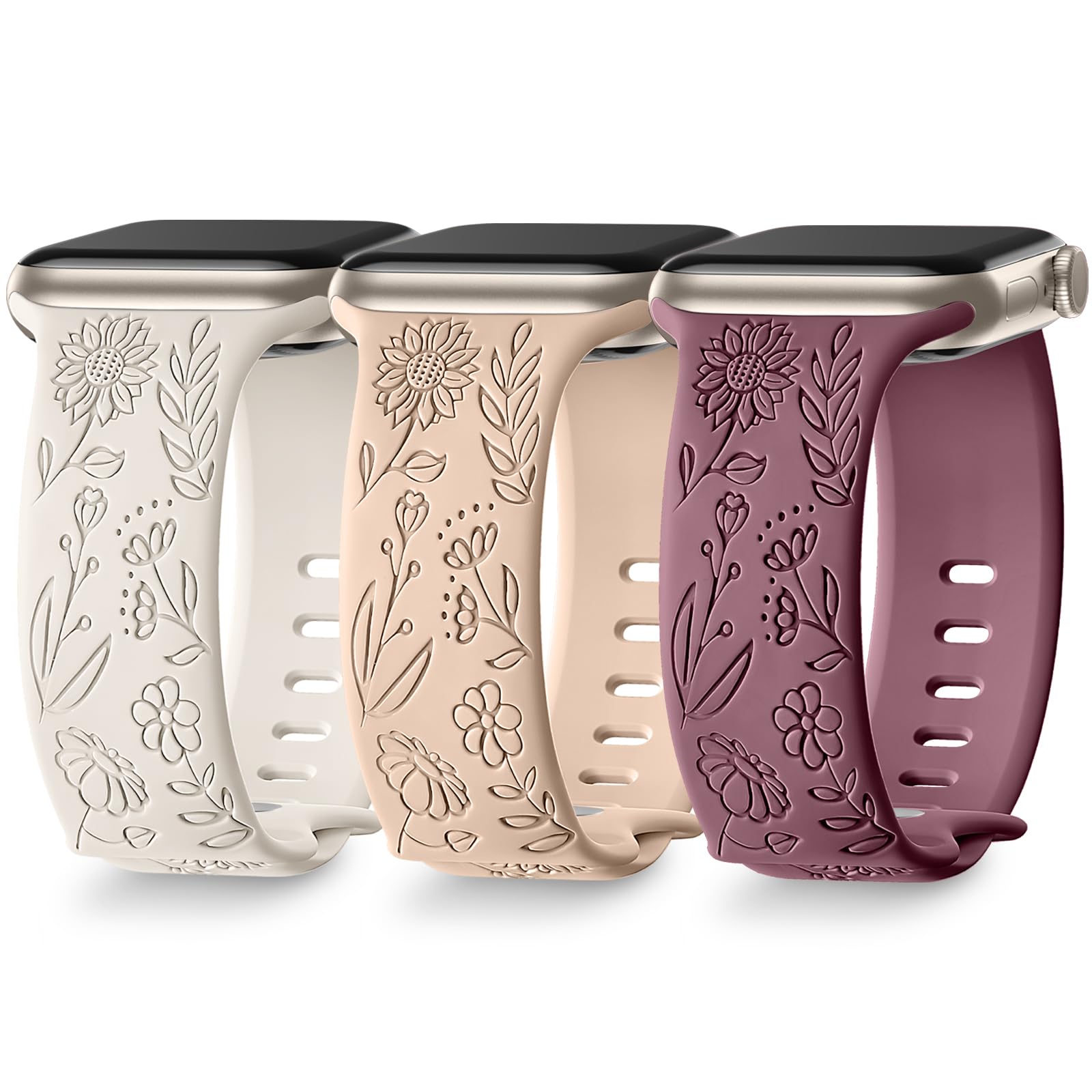 3 Pack Sunflower Engraved Apple Watch Bands - Compatible with 38mm 40mm 41mm 42mm 44mm 45mm 49mm iWatch Series 8/7/6/5/4/3/2/1/SE/Ultra - Floral Silicone Wrist Strap for Women - Perfect for Workouts, Daily Wear & Fashion Accessories