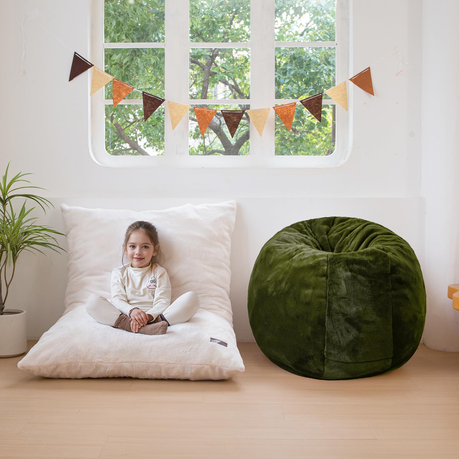 MAXYOYO 3-in-1 Kids Bean Bag Chair Bed - Convertible Faux Fur Round Floor Sofa for Children, Gaming & Reading - Soft Green - Perfect for Playroom, Bedroom & Dorm Decor