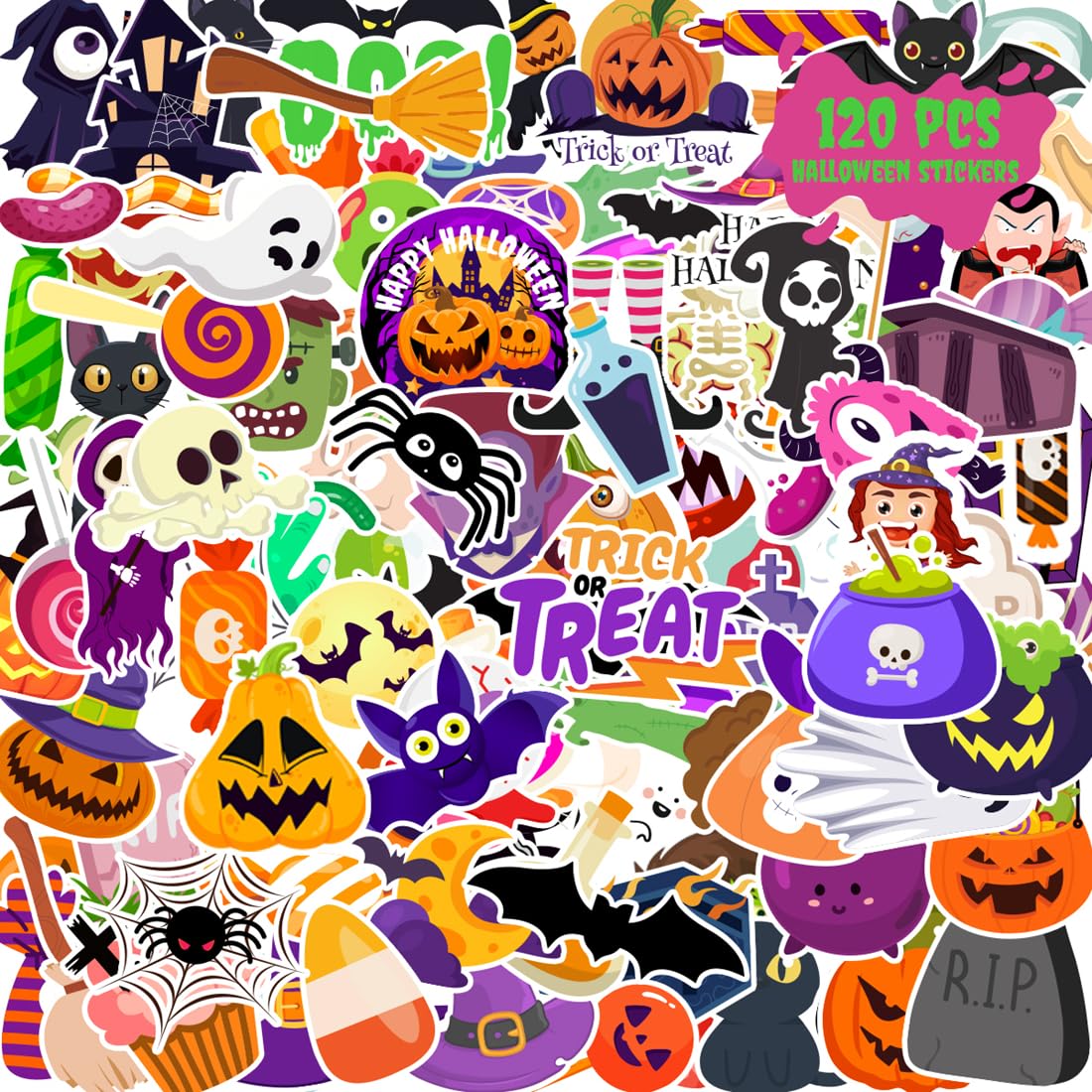 120 Pcs Halloween Stickers for Kids - Waterproof, Non-Repeating Party Favors, Classroom Crafts & Decorations - Perfect for Halloween Parties, Trick or Treat Bags, Pumpkin Decor & School Activities