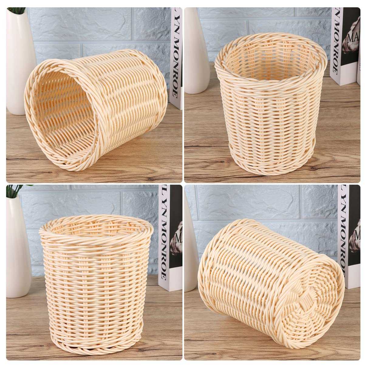 Zerodeko Woven Storage Basket - Pen Organizer, Flatware Holder, Desktop Plant Stand with Pot, Boho Wicker Hamper for Home Office Decor | Perfect for Organizing Stationery, Utensils, Small Plants & Trash in Living Room, Bedroom or Workspace