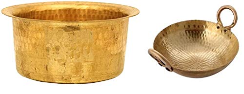 5 Liter Traditional Brass Hammered Kadai Wok with 5 Liter Brass Patila Topia - Authentic Indian Cookware for Stir-Frying, Deep Frying & Traditional Cooking