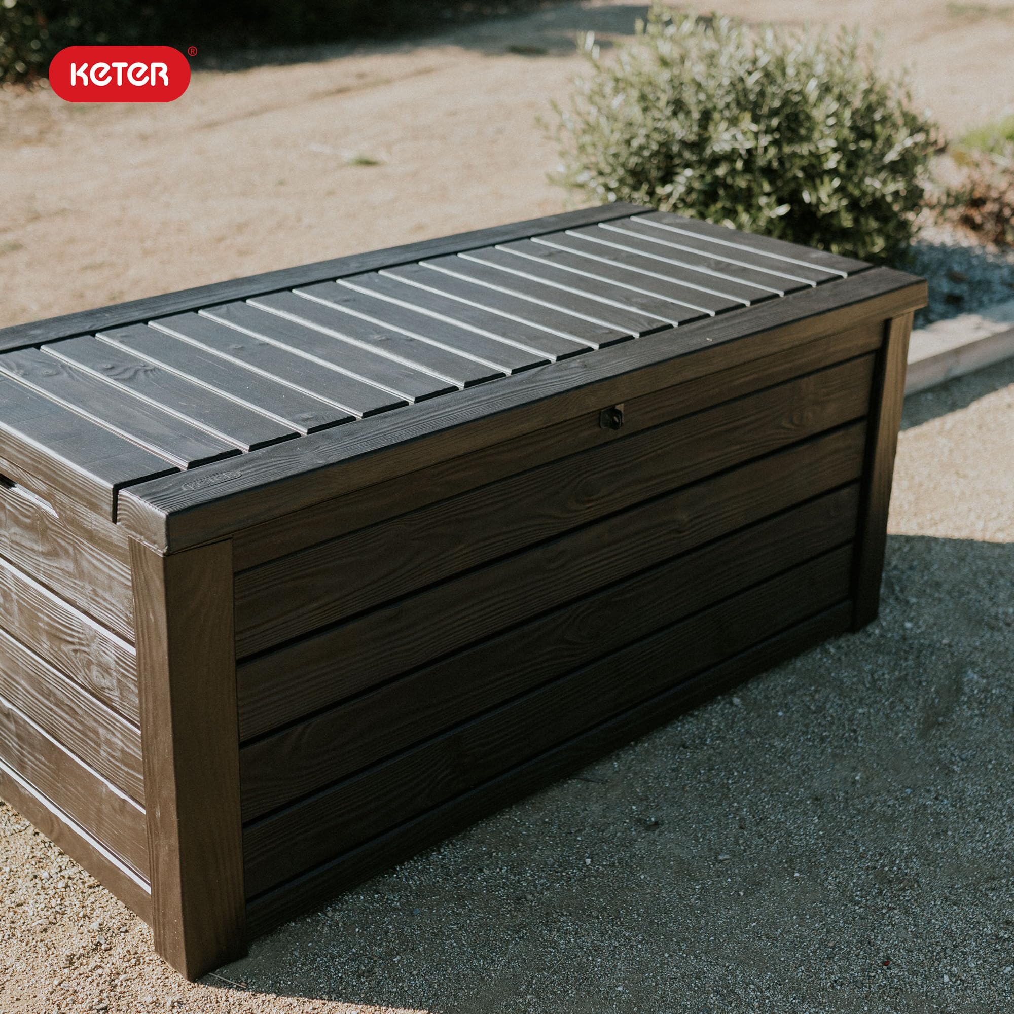 Keter 150 Gallon Outdoor Storage Deck Box with Seat - Wood Grain Brown Resin Patio Bin - Perfect for Backyard, Garden & Poolside Storage