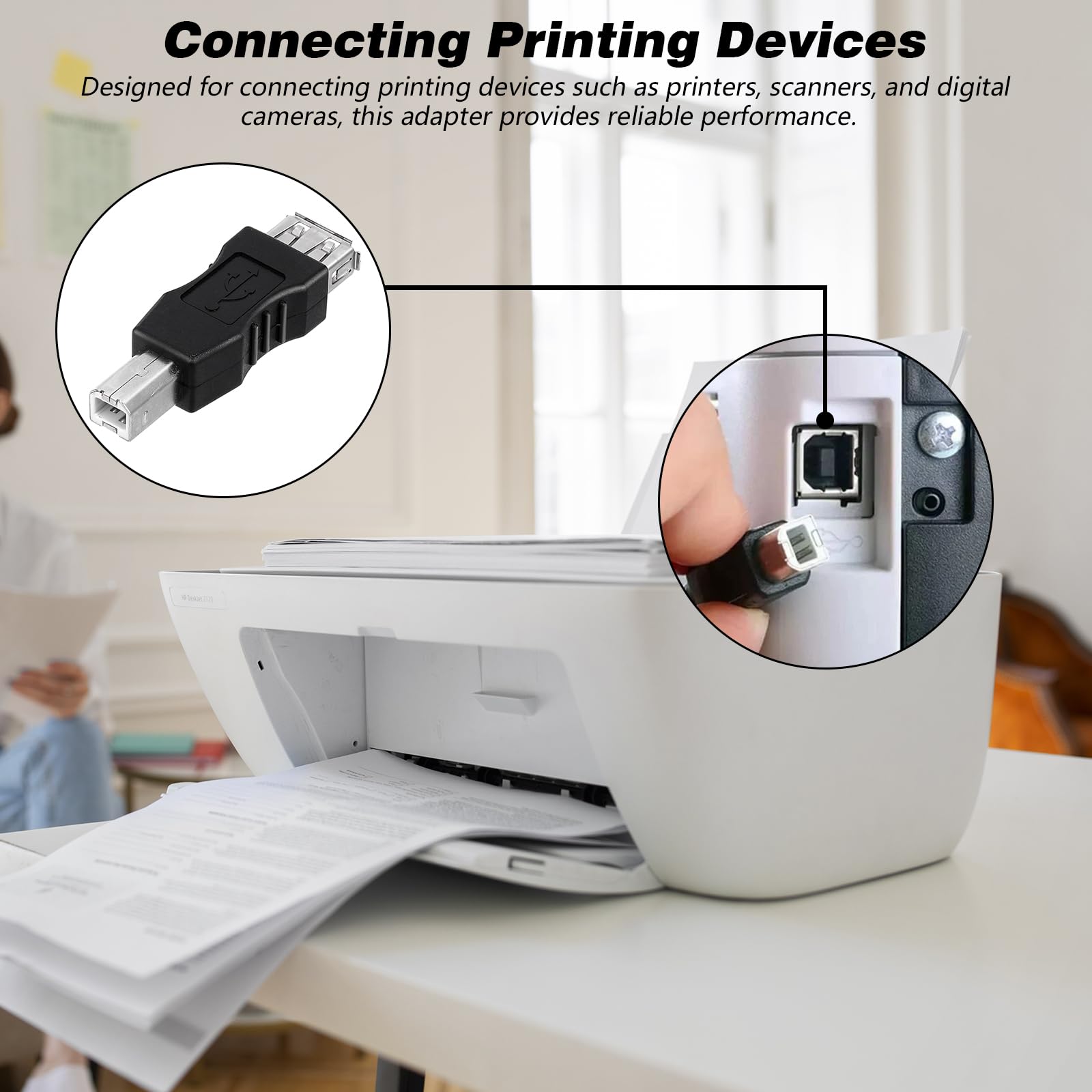 2-Pack USB 2.0 A Female to B Male Adapter - Printer Connector for Office & Home Use