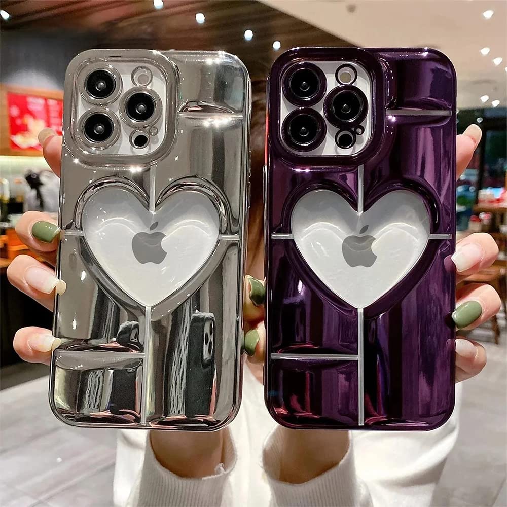 Premium Luxury Electroplated Heart-Shaped Hollow iPhone 13 Pro Max Case - Soft Shockproof Cover with Camera Lens Protection (Silver) | Perfect for Valentine's Gifts, Date Nights & Fashionable Daily Use