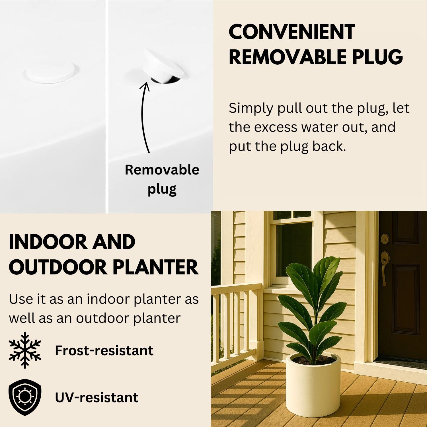 Premium 10 Inch Fiberstone Planter with Drainage - Lightweight Matte White Indoor/Outdoor Plant Pot - Weather & UV Resistant Flower Container for Home Garden, Patio & Office Decor