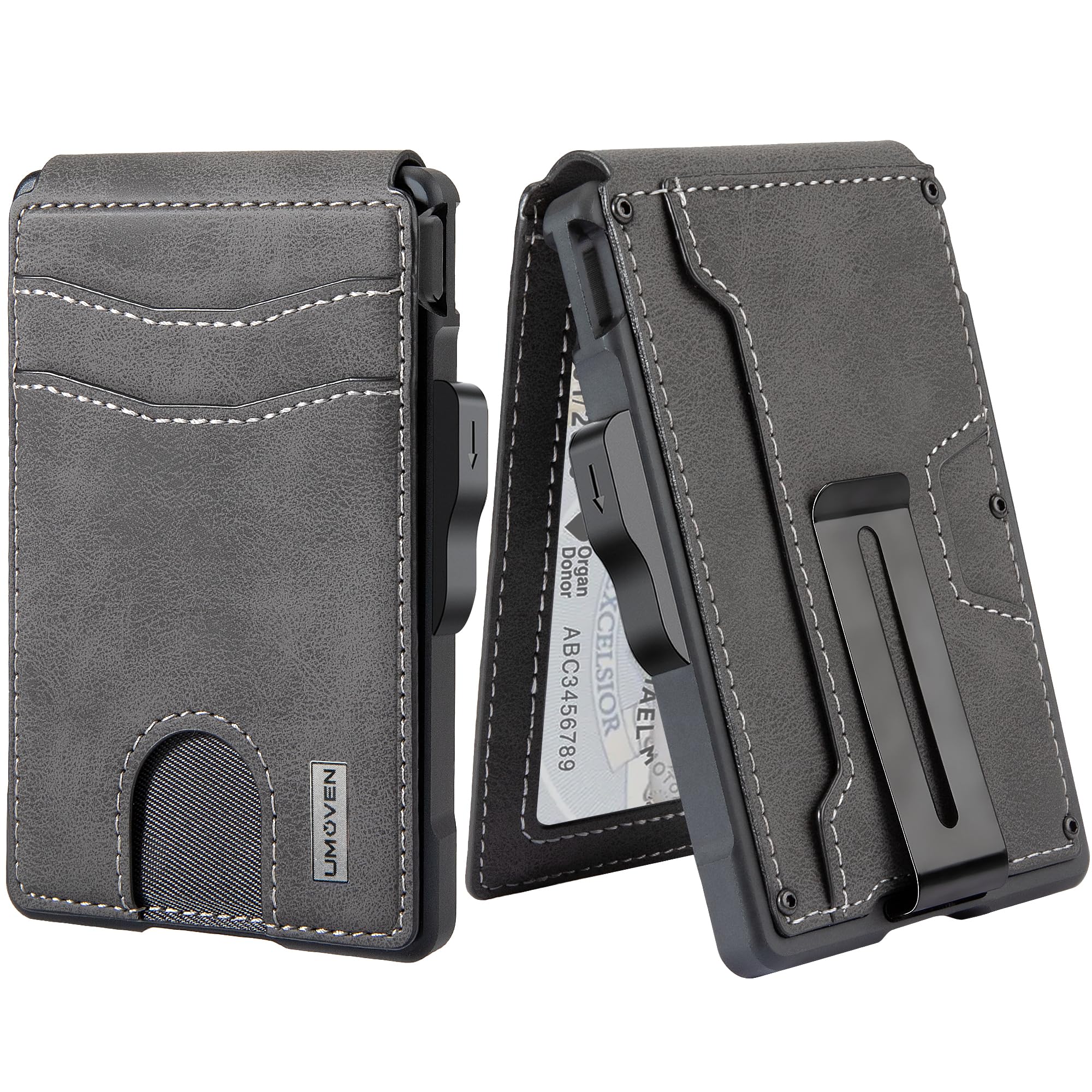 UMOVEN Men's Slim RFID Blocking Leather Wallet with Money Clip & Credit Card Slots - Minimalist Bifold Design in Dark Gray (Gift Box Included) - Perfect for Everyday Carry, Travel & Business Use