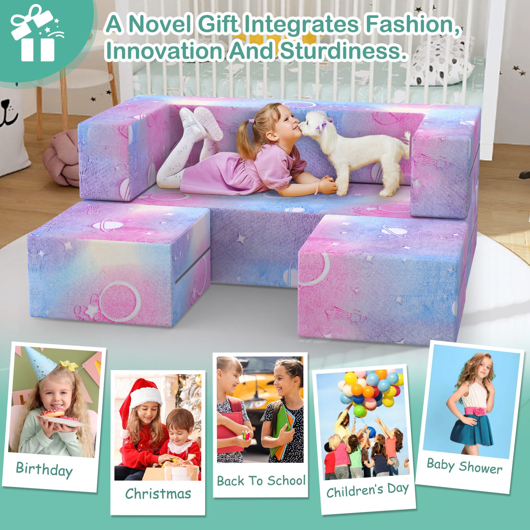 BIERUM Kids Couch - 6PCS Modular Play Sofa with Glow Effects & Blanket, Convertible Toddler Couch for Girls Boys - Perfect for Playroom, Nursery, Indoor Play & Family Movie Nights