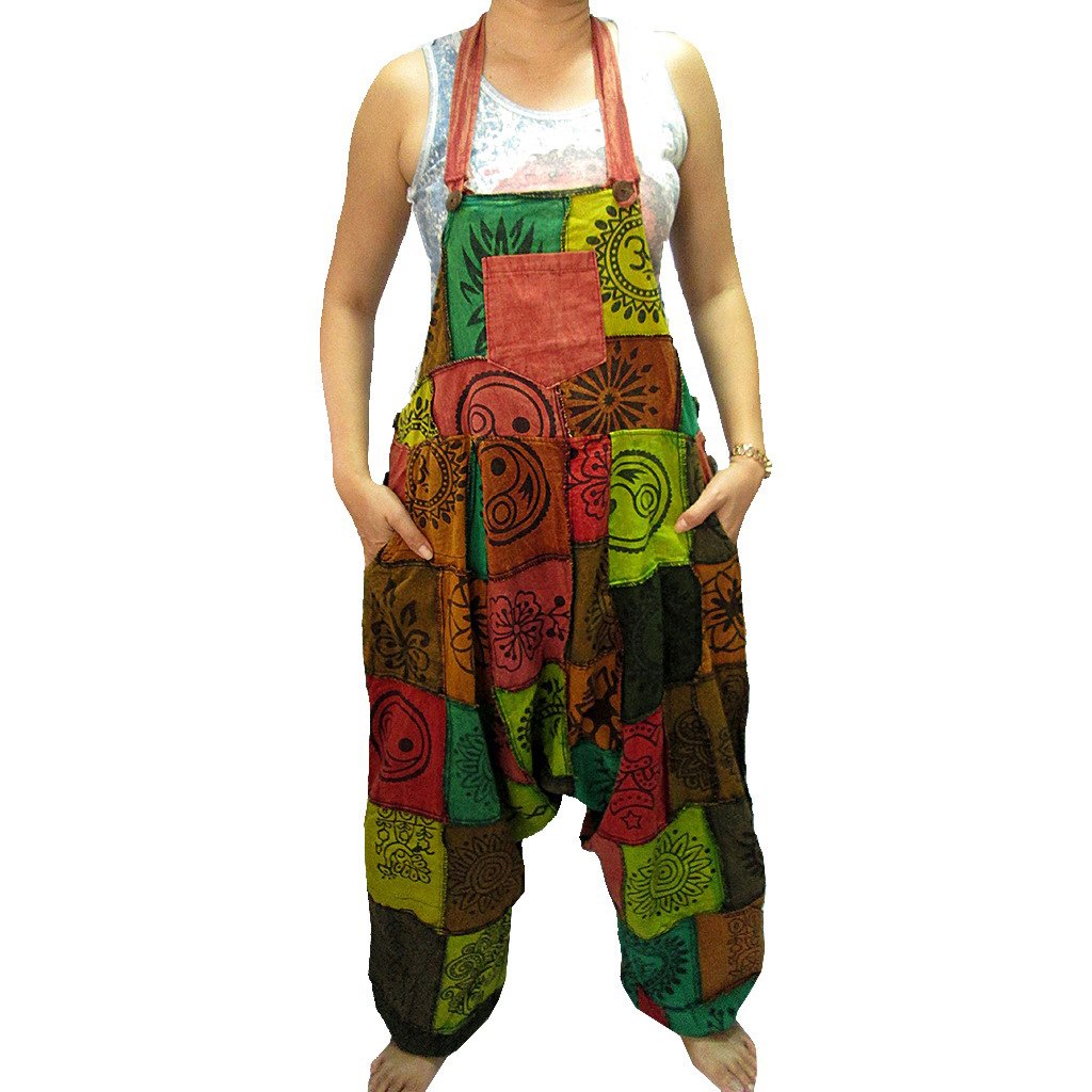 Stylish Women's Patchwork 3-Pocket Drop-Crotch Bib Jumpsuit - Trendy Oversized Denim Overalls for Casual Wear, Street Fashion & Boho Outfits