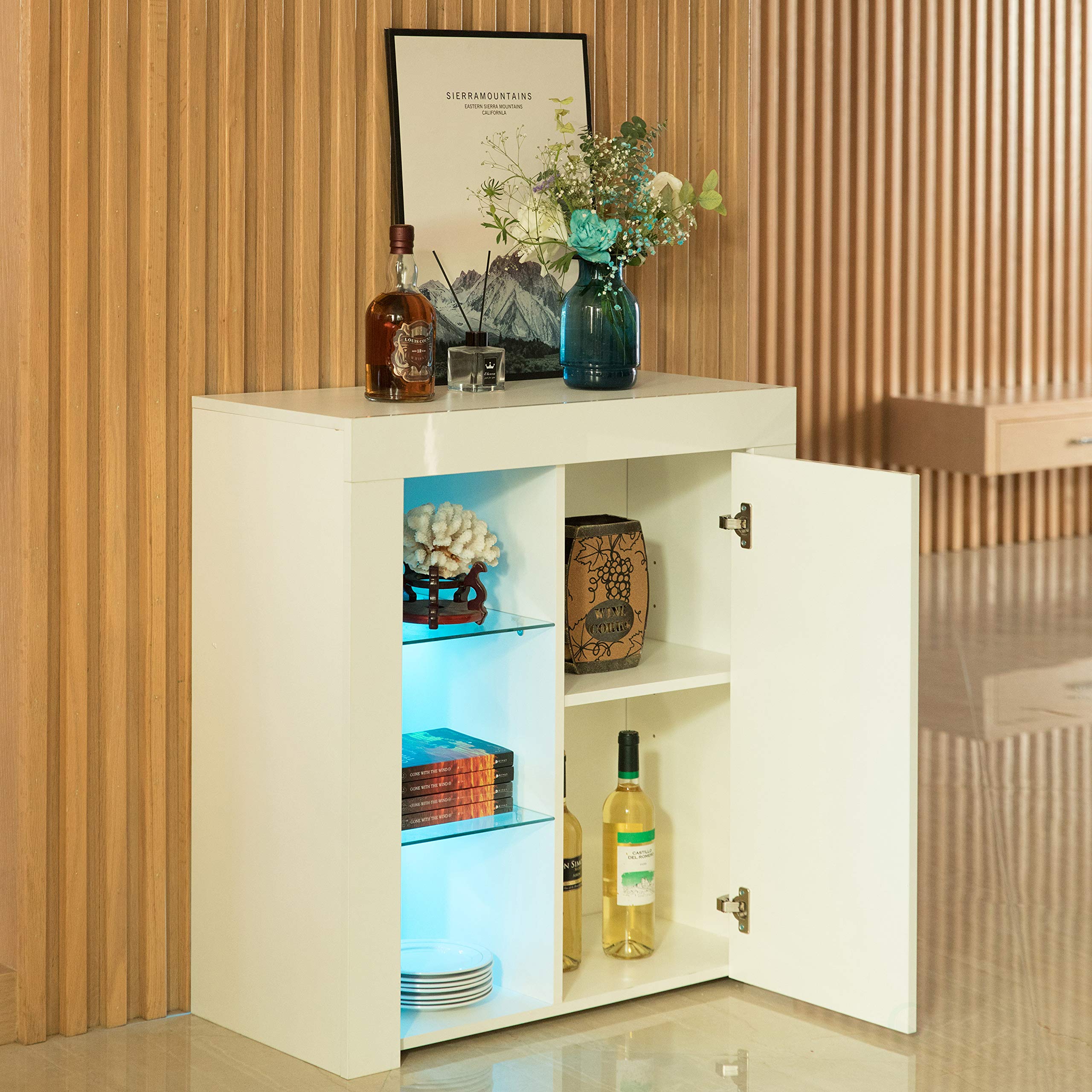 Basicwise White LED Side Storage Cabinet for Office & Living Room - Organize Files, Books & Decor with Style