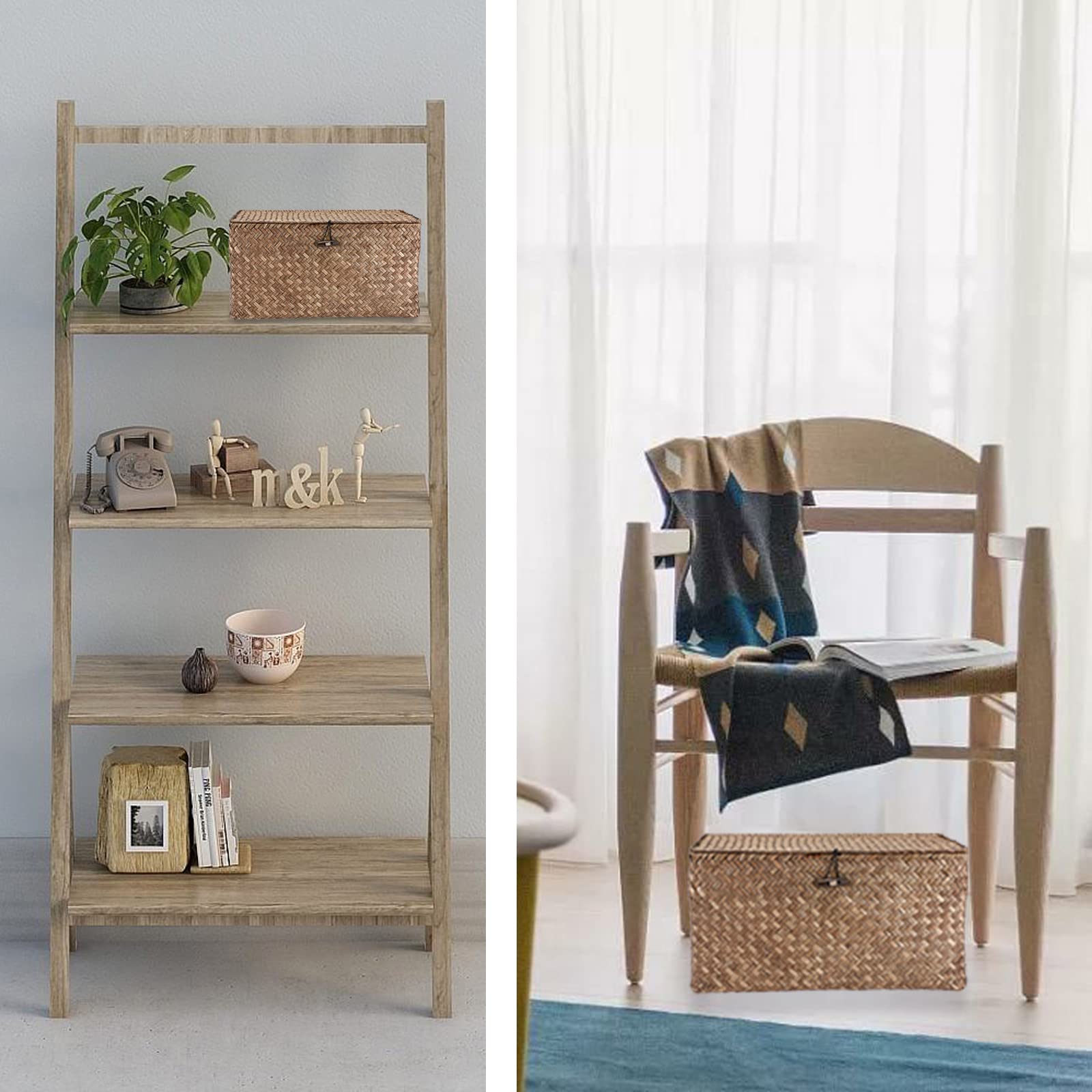 Hipiwe Wicker Storage Baskets with Lids - Handwoven Seagrass Rectangular Bins for Home Organization | Shelf, Wardrobe & Coffee Bar Storage | Large Household Storage Boxes for Bedroom, Bathroom & Living Room Decor