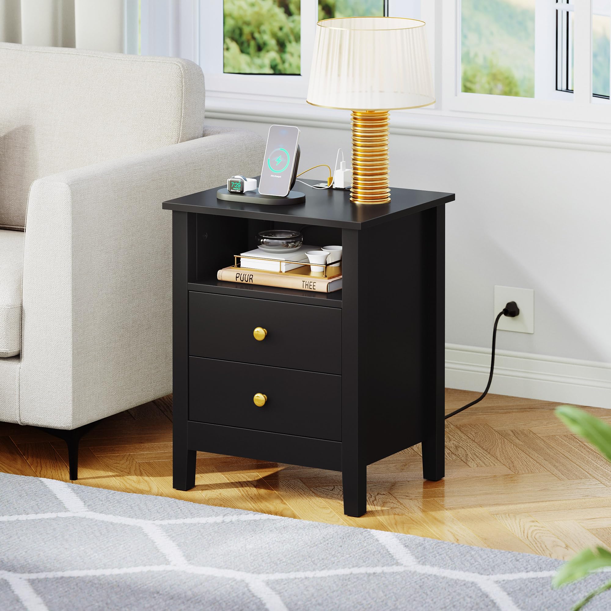 YITAHOME Modern Nightstand with Charging Station - 2 Drawer Bedside Table with USB Ports & Outlets - Set of 2 Black End Tables for Bedroom - Perfect for Small Spaces & Apartment Living