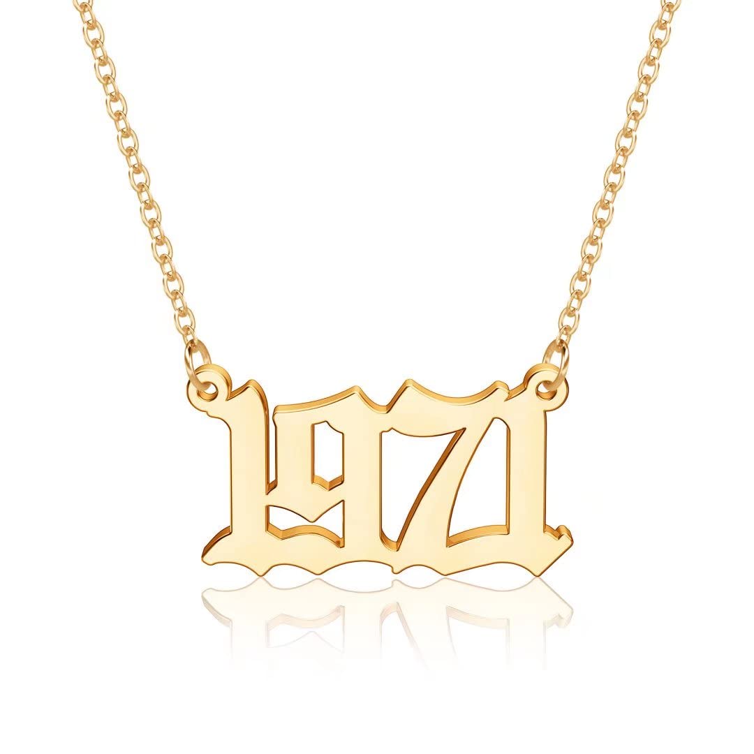 18K Gold Plated Old English Birth Year Necklace for Women - Personalized 1970-2021 Number Pendant Jewelry Gift for Birthday, Anniversary & Special Occasions | Perfect for Mother's Day, Graduation & Valentine's Day Gifts