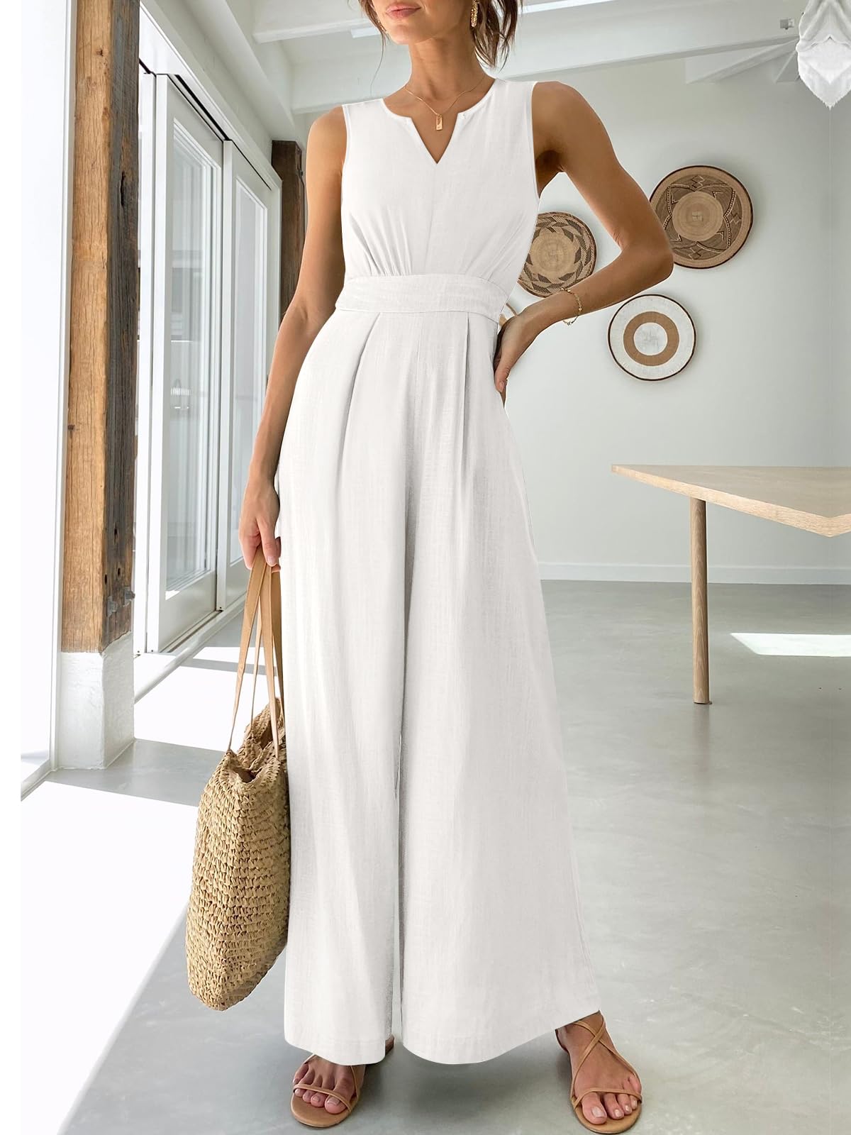 ANRABESS Women's Summer Linen Jumpsuit - Sleeveless V-Neck High Waist Wide Leg Romper | Casual Beach Outfit for Vacation, Party & Outdoor Activities