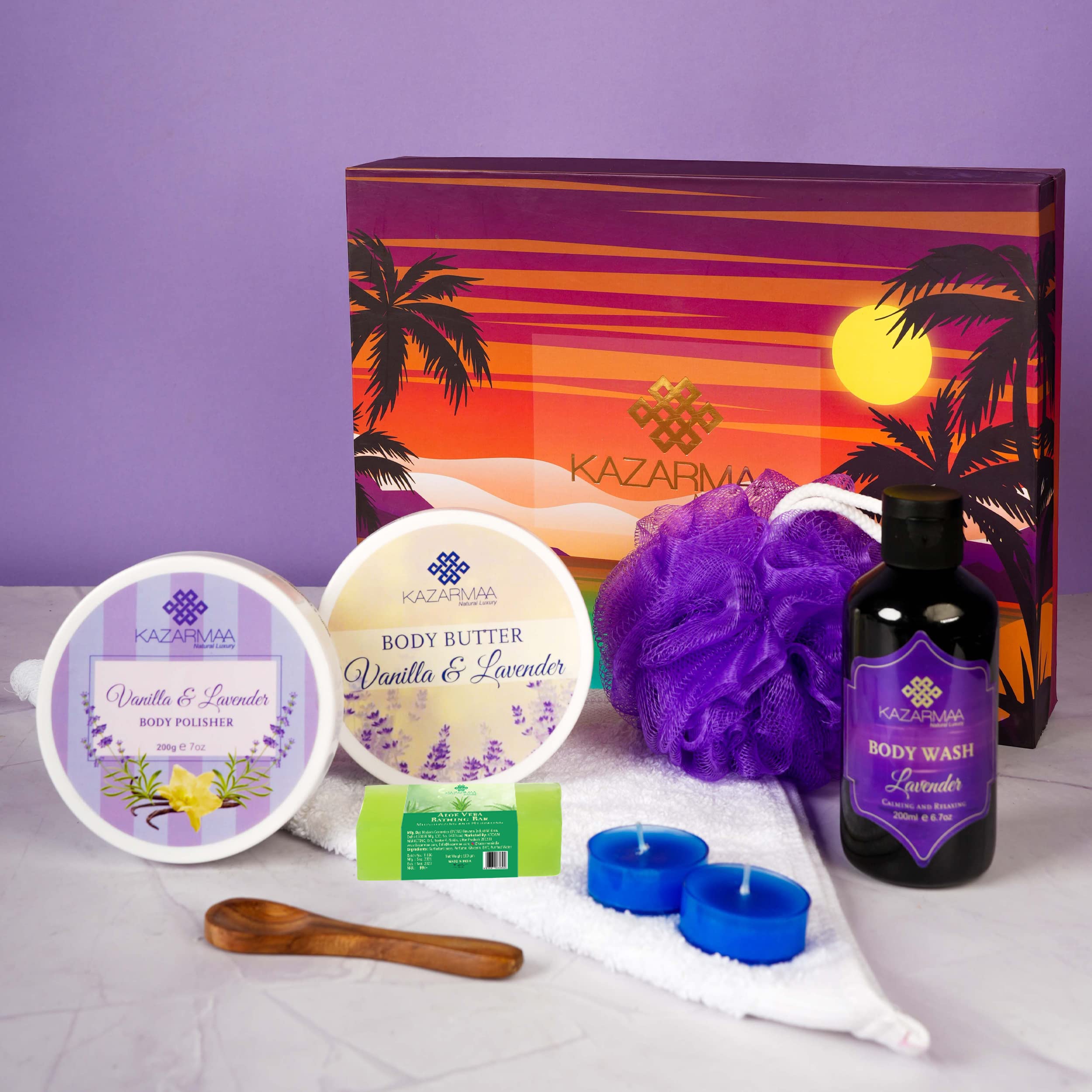 KAZARMAA Skin Care Gift Set - Exfoliating Body Scrub, Moisturizing Shower Gel, Nourishing Body Butter, Bathing Bar & Tan Removal Kit | Spa Day Essentials for Women, Perfect Birthday & Holiday Gift Set for Relaxing Bath & Skincare Routine