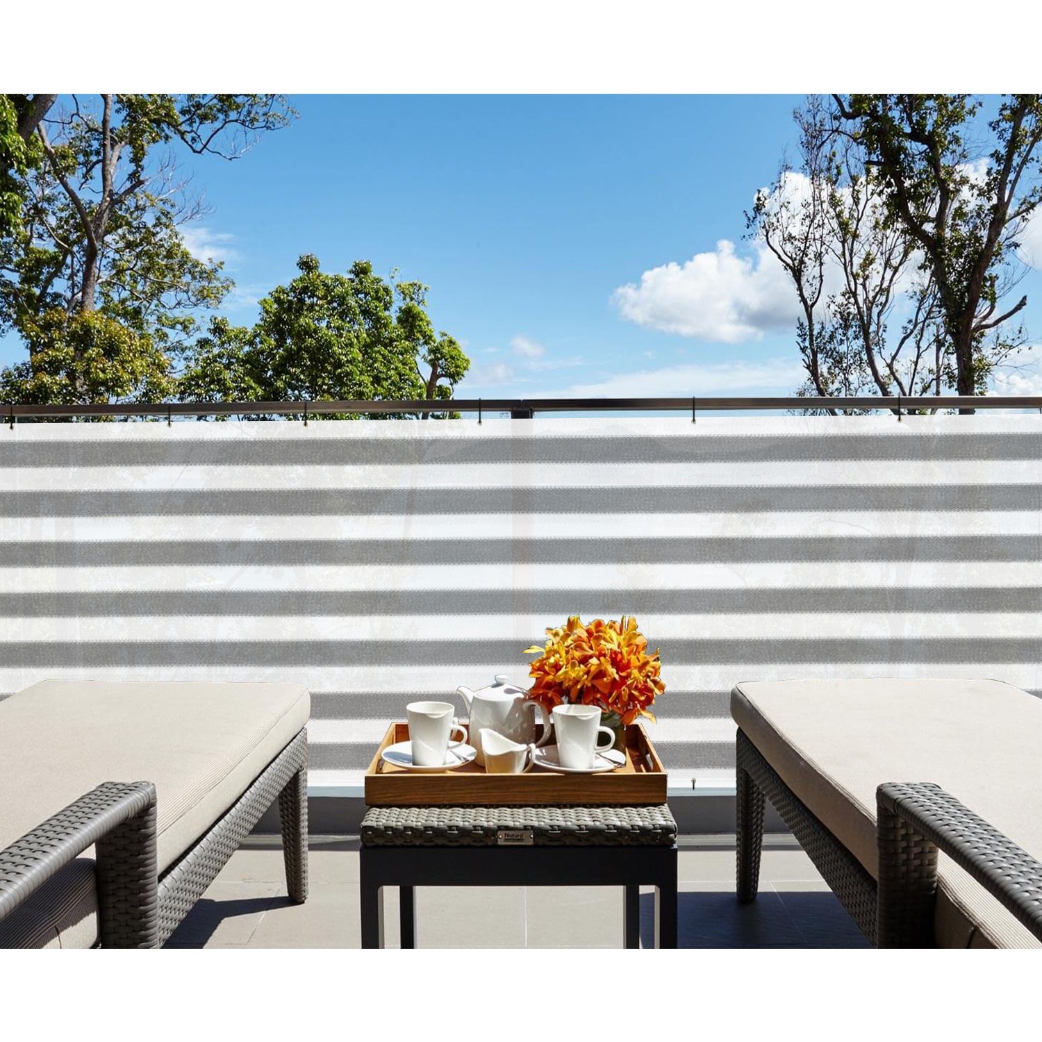 TANG 3' x 198' Gray White Stripe Balcony Privacy Screen Fence - 200GSM Weather Resistant Outdoor Deck Fence for Patio, Apartment, Porch & Backyard - Perfect for Creating Private Outdoor Spaces & Enhancing Home Aesthetics