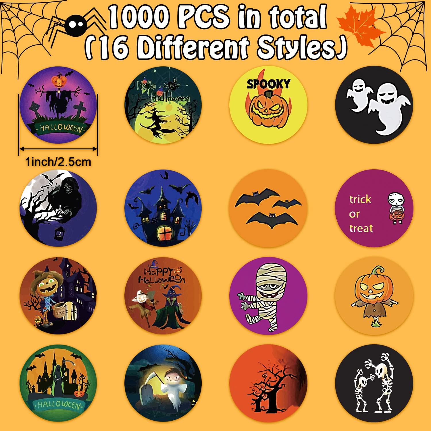1000 PCS Halloween Stickers for Kids - 2 Rolls Pumpkin Ghost Stickers Bulk, Self-Adhesive Party Decorations for Halloween Favors, Trick or Treat, Classroom Activities & Scrapbooking
