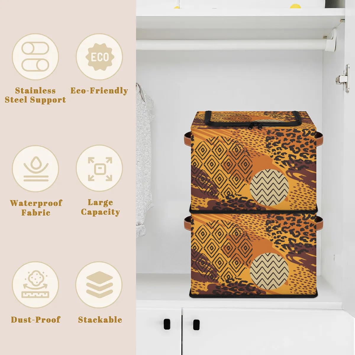 2 Pack Animal Print Fabric Storage Bins with Zipper Lid - African Art Style Stackable Cube Baskets, Steel Frame Clothes Organizer for Shelf & Closet Storage | Perfect for Bedroom, Nursery, and Office Organization