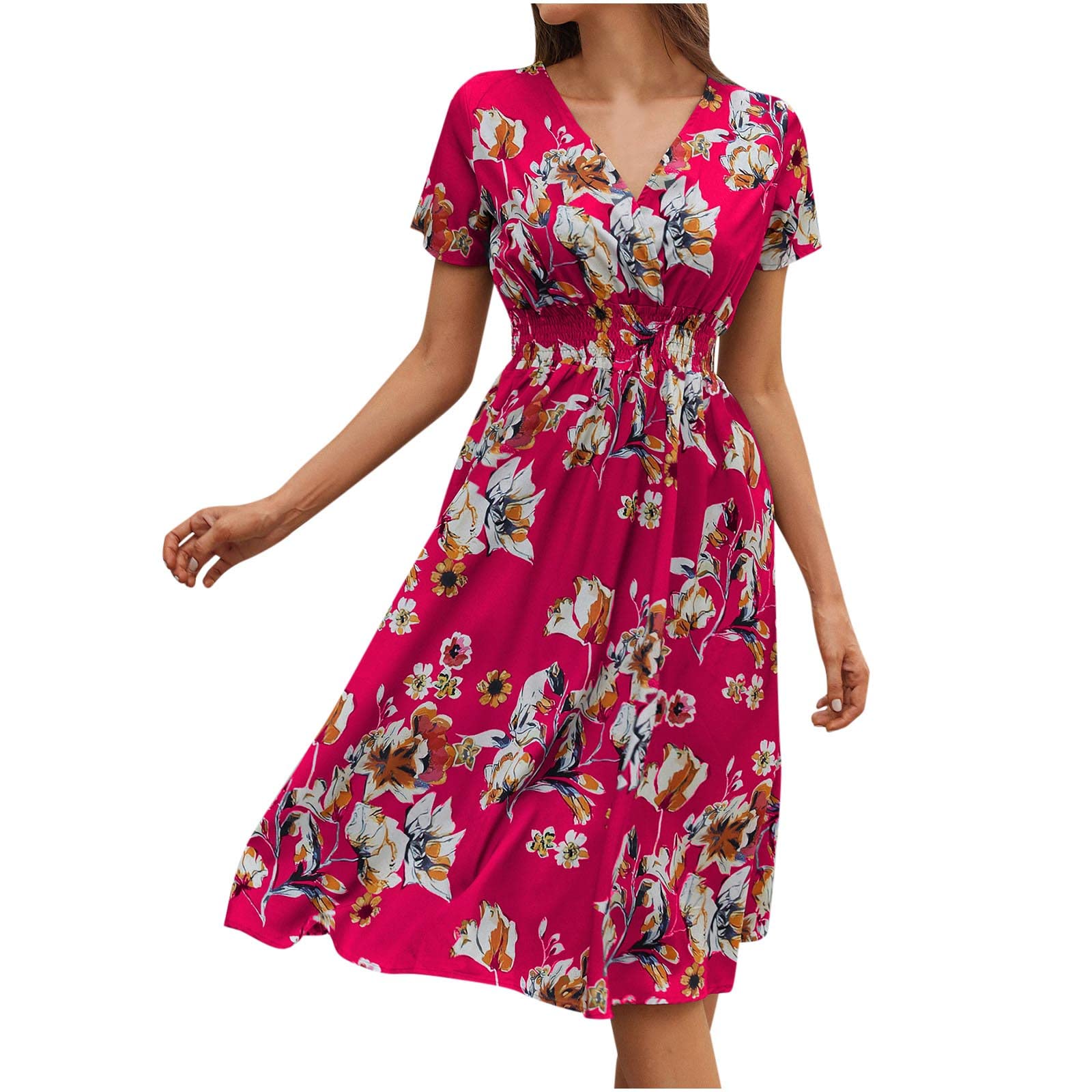 Women's Floral Printed Maxi Dress - Short Sleeve V-Neck Summer Sun Dress for Casual Wear | Beach, Vacation & Outdoor Activities