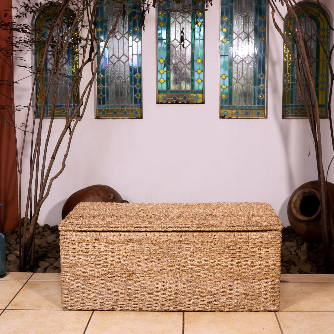 Extra Large Wicker Storage Bench with Lid - Rattan Ottoman Coffee Table, Seagrass Toy Box & Bedside Organizer | Handwoven for Living Room, Bedroom & Nursery Storage Solutions