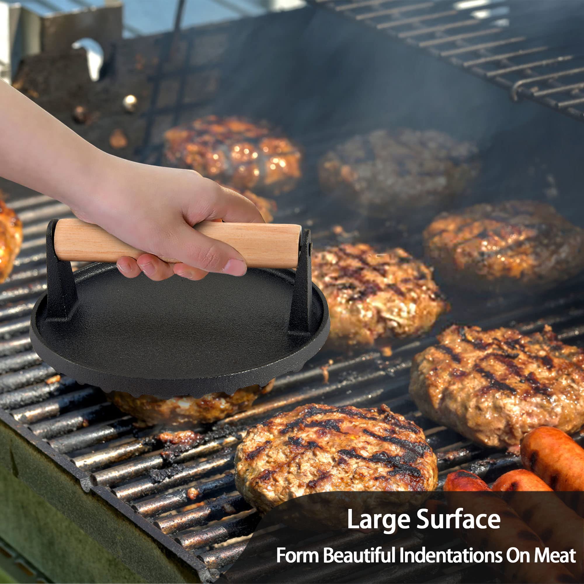 Leonyo 3-Piece Grill Press Set - 7 Inch Round Heavy Duty Cast Iron Burger Press with Ergonomic Wood Handle - Perfect for Smash Burgers, Griddle Cooking, Hamburgers, Steaks, Patties & Panini - Ideal for BBQ, Stovetop & Outdoor Grilling - Nonstick & Durable for Professional & Home Use