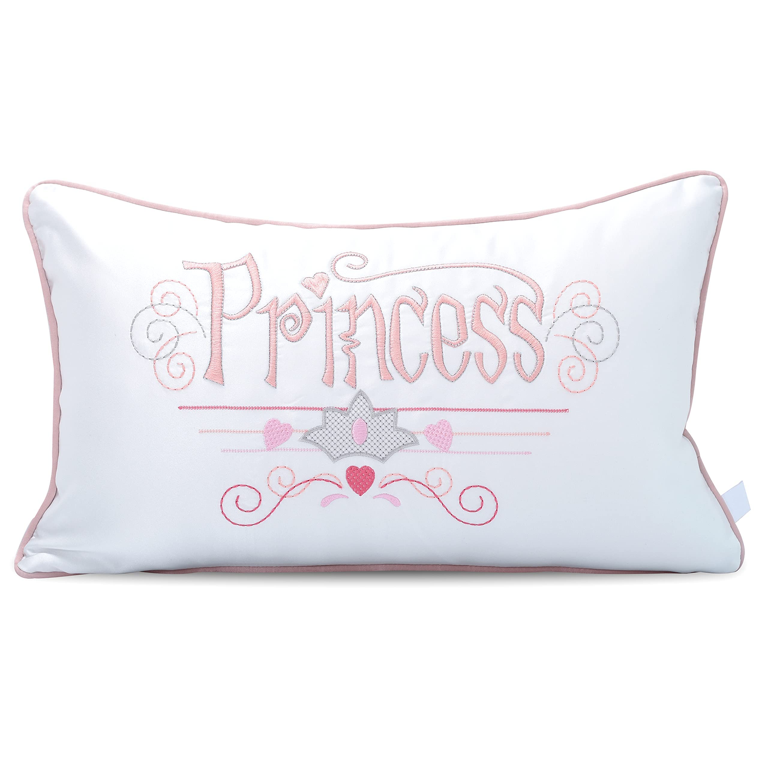 Personalized Princess Embroidery Lumbar Pillow Cover 12x20 Inches - White & Pale Pink Decorative Throw Pillow Case for Girls Room, Bed, Chair, Sofa, Nursery Decor - Perfect for Birthday Gifts, Home Decor, and Cozy Living Room Accents