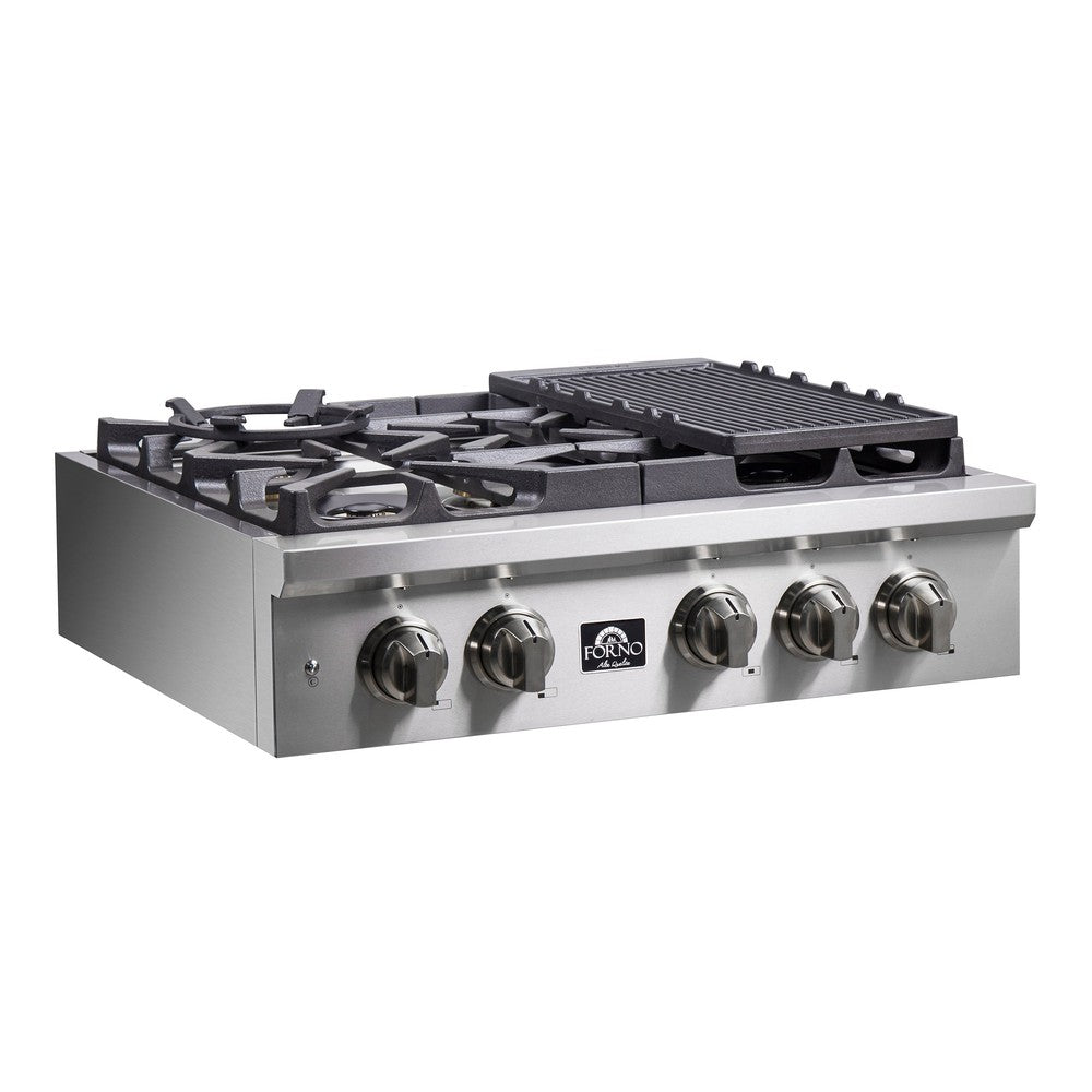 Forno Spezia 30 Inch 5 Burner Professional Gas Rangetop with Wok Ring & Griddle - Stainless Steel Cooktop (Model FCTGS5751 30) for Home Kitchen & Asian Cooking